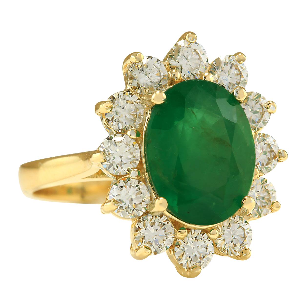 4.75 Carat Natural Emerald 14 Karat Yellow Gold Diamond Ring
Stamped: 14K Yellow Gold
Total Ring Weight: 5.7 Grams
Total Natural Emerald Weight is 3.34 Carat (Measures: 11.00x9.00 mm)
Quantity: 1
Shape: Oval
Treatment: Oiling
Color: Green
Total