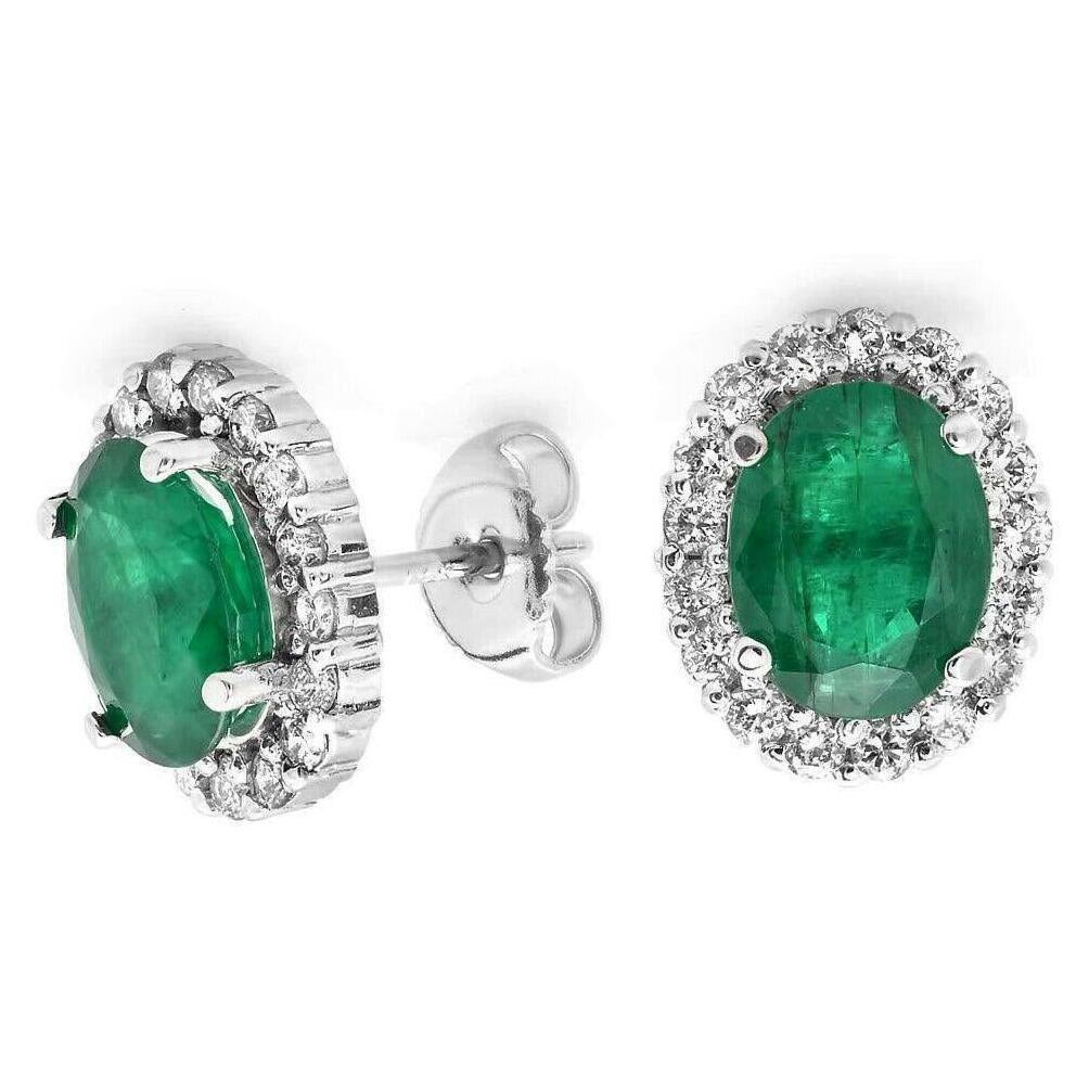Oval Cut 4.75 Carat Natural Emerald and Diamond 14 Karat Solid White Gold Earrings For Sale