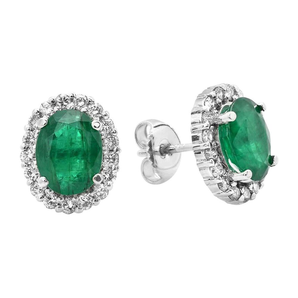 4.75 Carat Natural Emerald and Diamond 14 Karat Solid White Gold Earrings For Sale