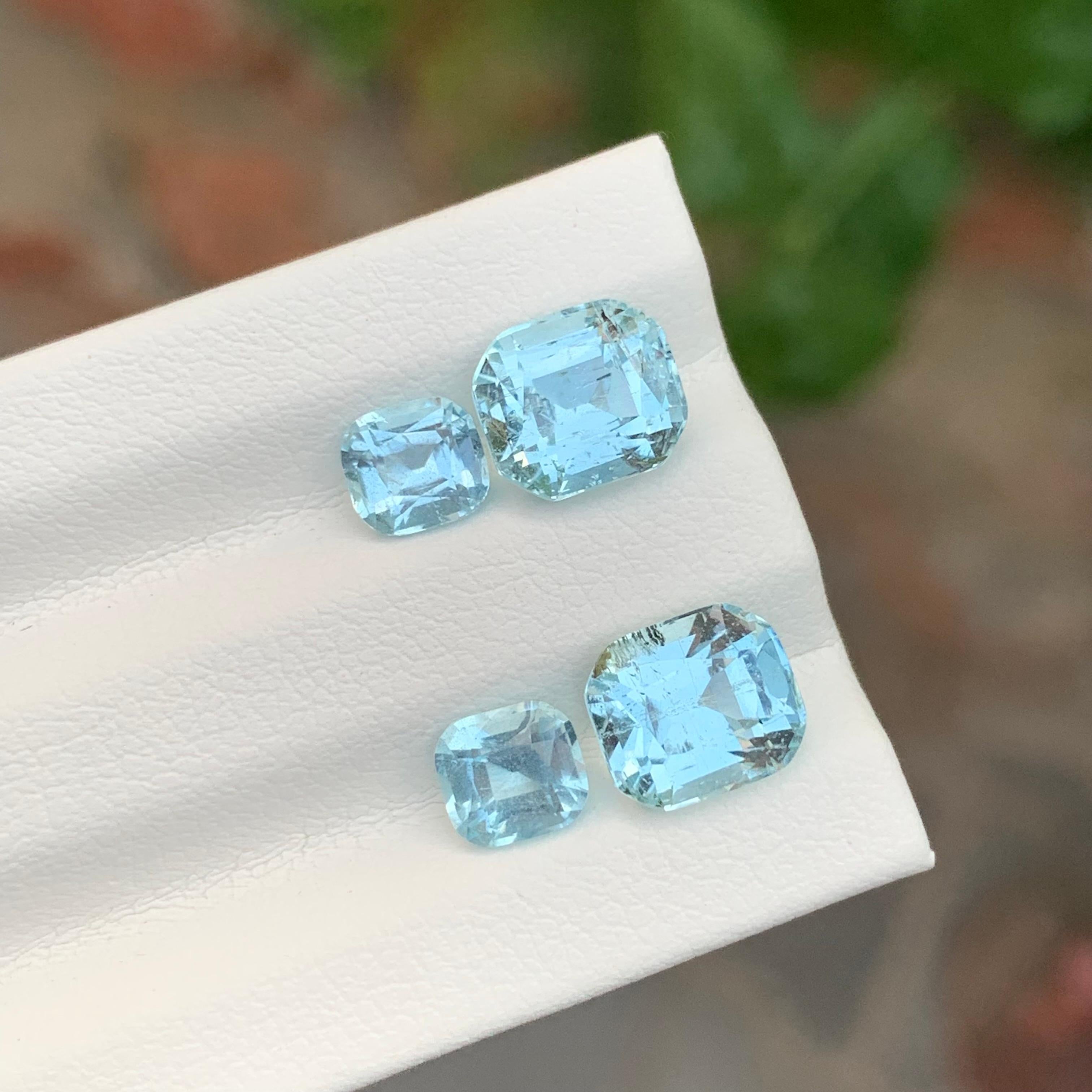 Loose Aquamarine Set
Weight: 4.75 Carat
Sizes:
Upper Aquamarine Pair: 3.60 Carat
Lower Aquamarine Pair : 1.15 Carat
Colour : Pale Blue
Origin: Shigar Valley, Pakistan
Treatment: Non
Certificate : On Demand
Shape: Cushion

Aquamarine is a captivating