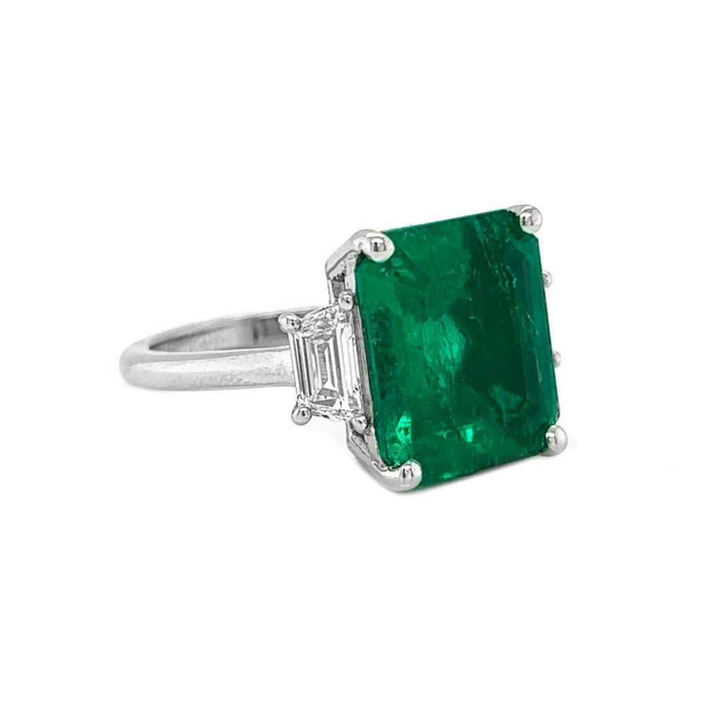 Emerald Cut 4.75 Carat Natural Mined Emerald GIA Certified Diamond 3 Stone 18KT Ring  For Sale
