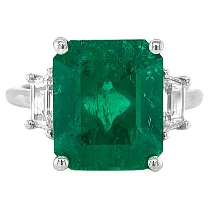 4.75 Carat Natural Mined Emerald GIA Certified Diamond 3 Stone 18KT Ring  For Sale