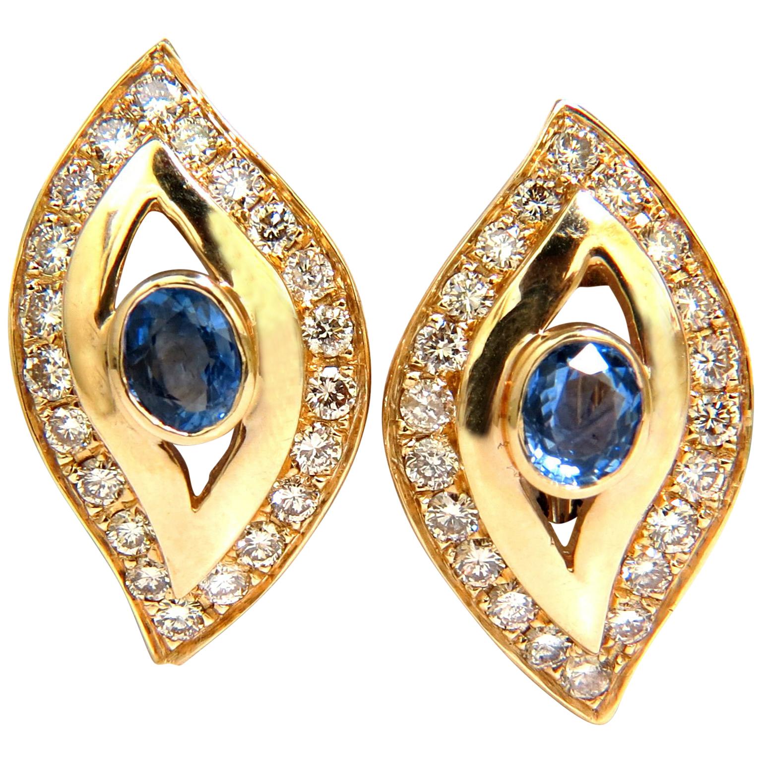 4.75 Carat Natural Sapphire Diamond Earrings Omega Clip 14 Karat Cornflower