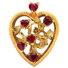 4.75 Carat Natural Vivid Heart Shaped Ruby Fancy Yellow Diamond 3d Heart Pendant