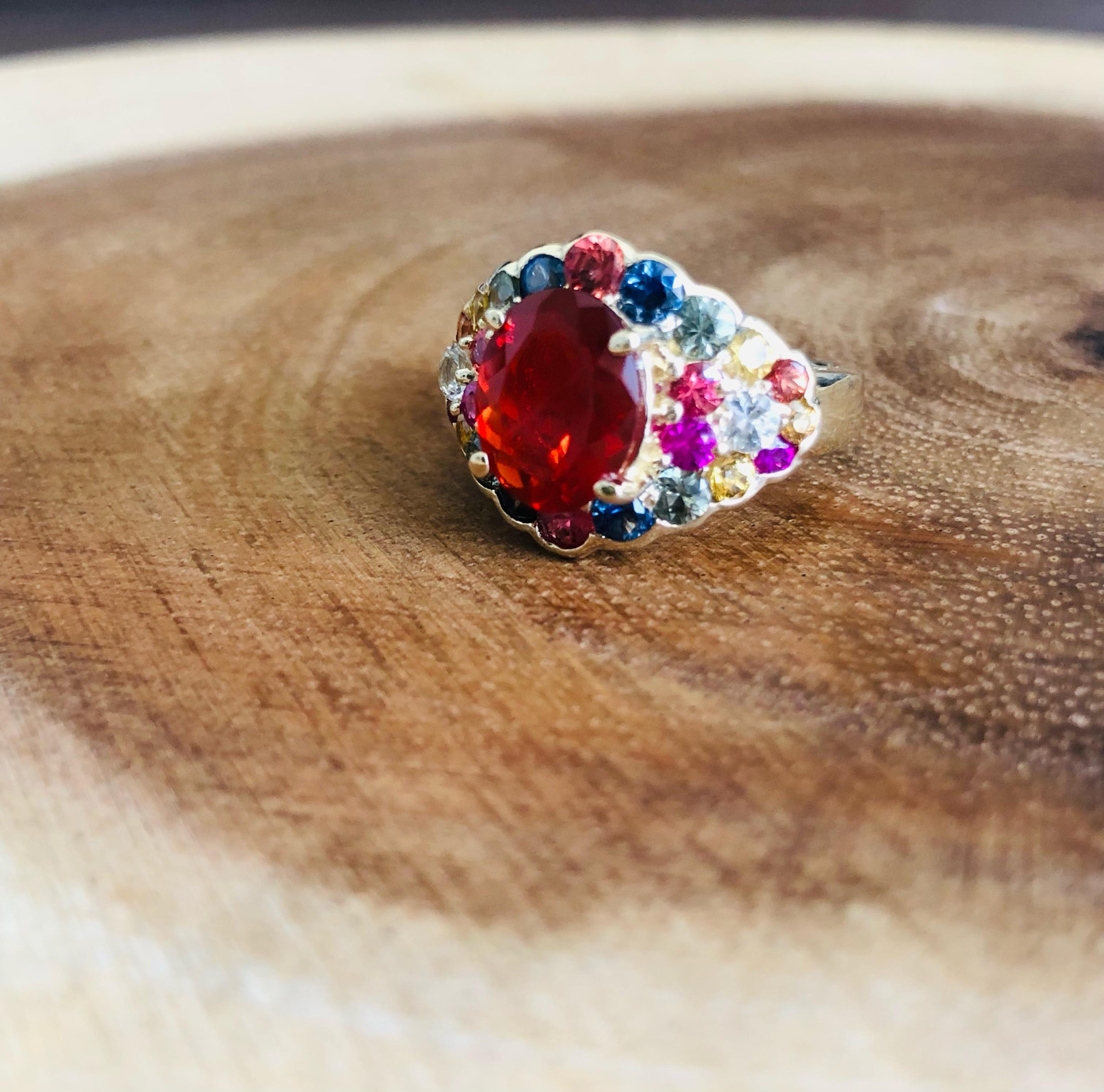 4.75 Carat Oval Cut Fire Opal Sapphire 14 Karat Yellow Gold Cocktail Ring In New Condition In Los Angeles, CA