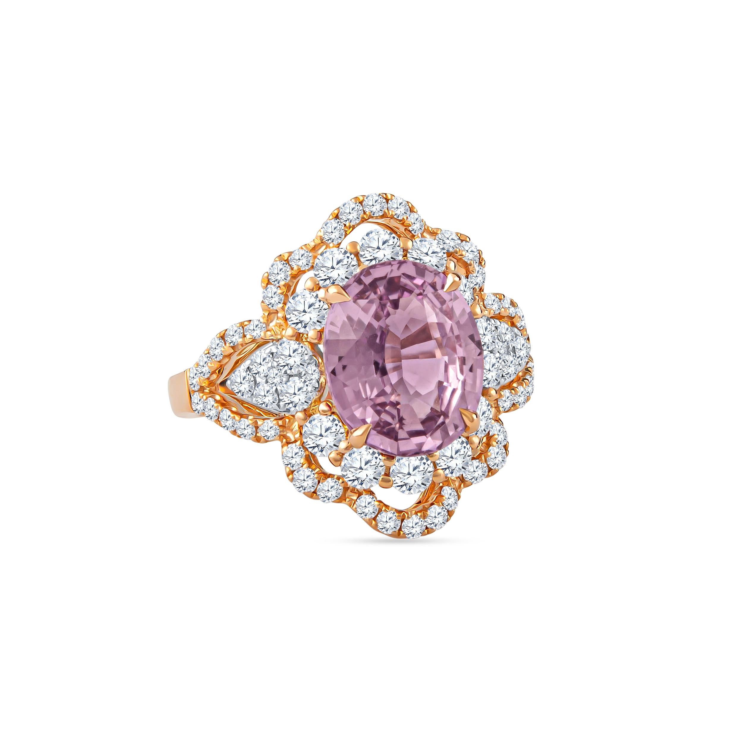 This stunning piece features a 4.75 carat purple-pink oval sapphire set in the center of an 18K rose gold ring that is accompanied by a GIA laboratory report. The sapphire is surrounded by 1.39 carats of round brilliant cut diamonds (Clarity: