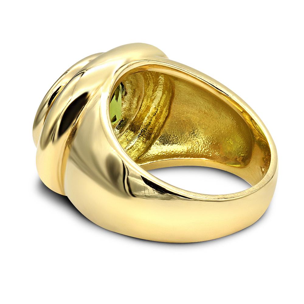 Artisan 4.75 Carat Peridot 18 Karat Yellow Gold Chunky Cocktail Ring Designer Style For Sale