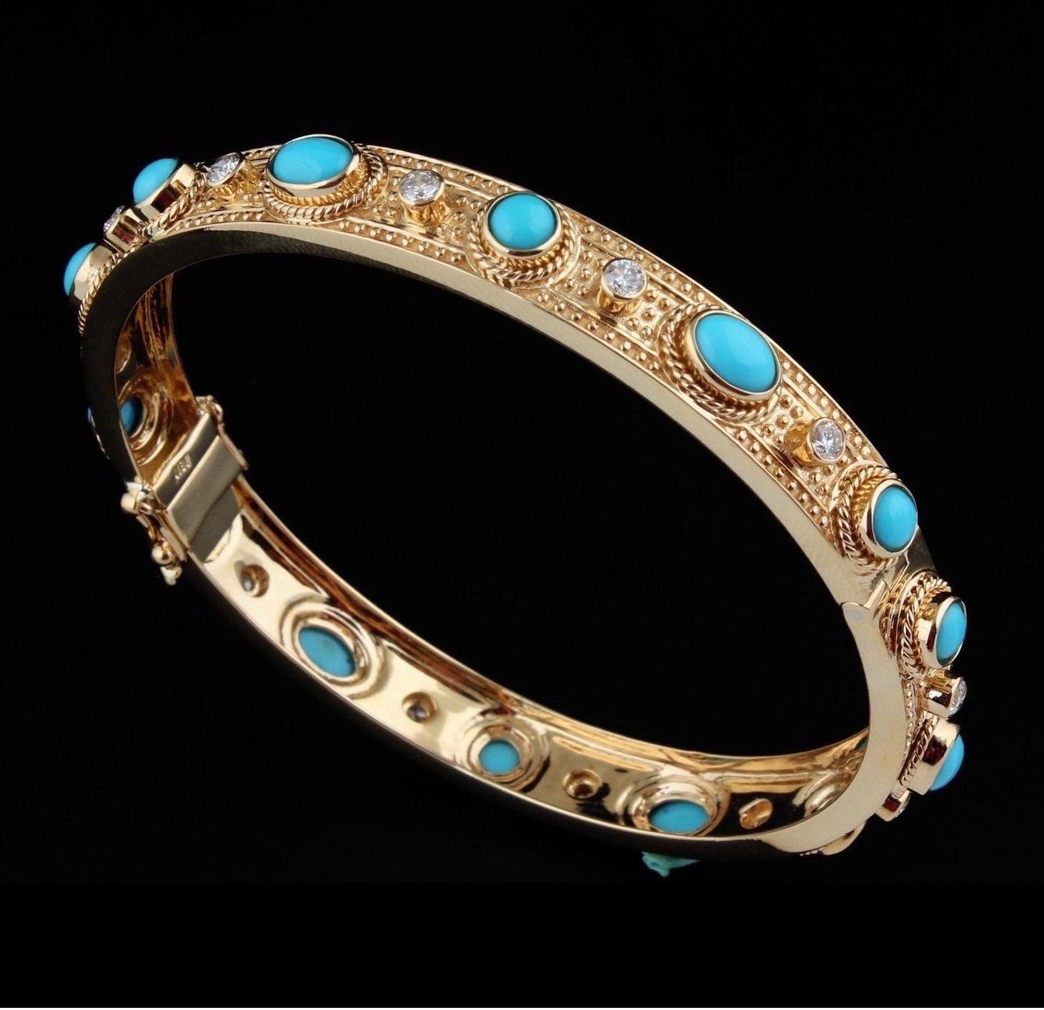 Artisan 4.75 Carat Turquoise Diamond 18 Karat Gold Vintage Style Bangle Bracelet For Sale