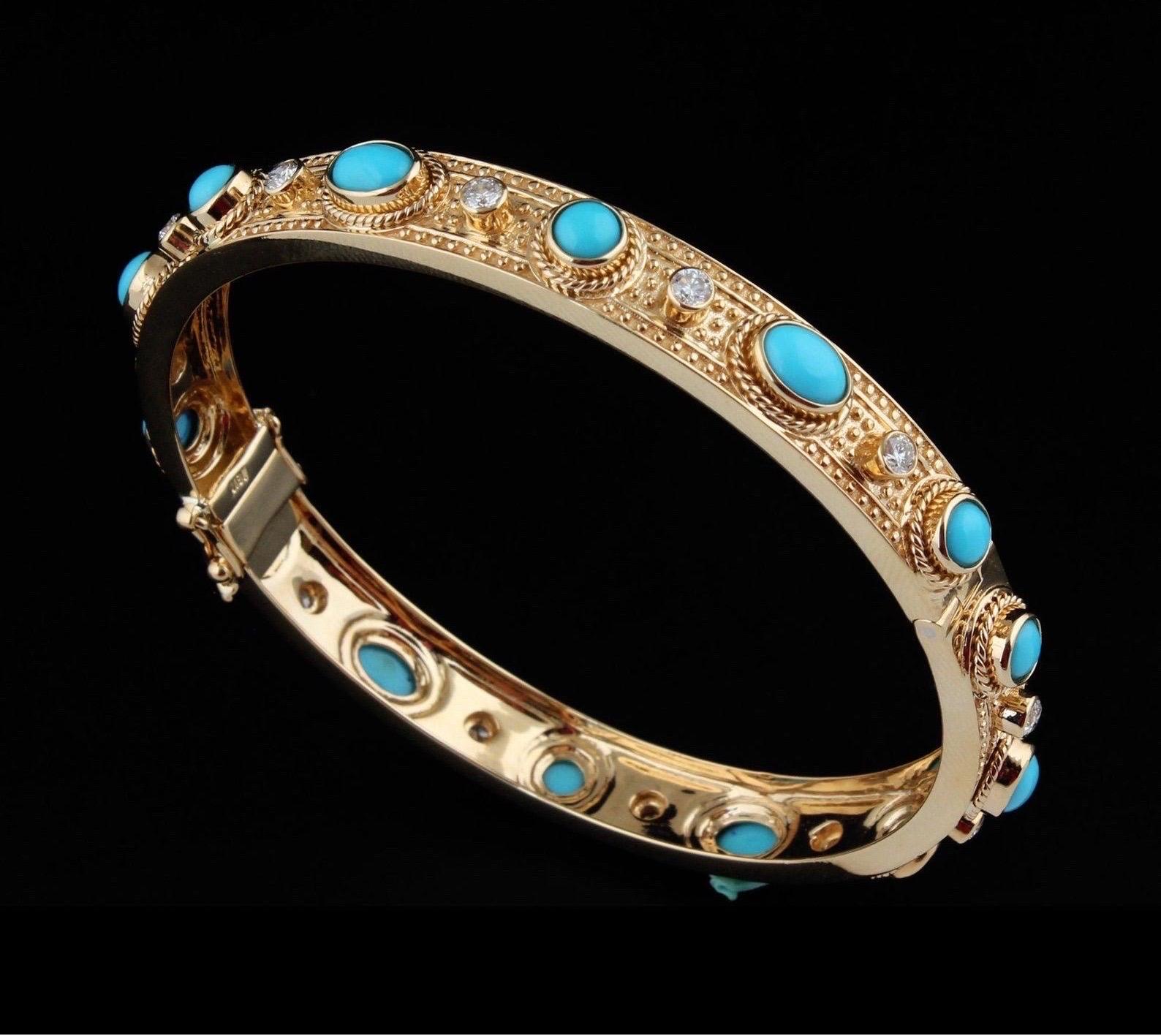 4.75 Carat Turquoise Diamond 18 Karat Gold Vintage Style Bangle Bracelet In New Condition For Sale In Hoffman Estate, IL