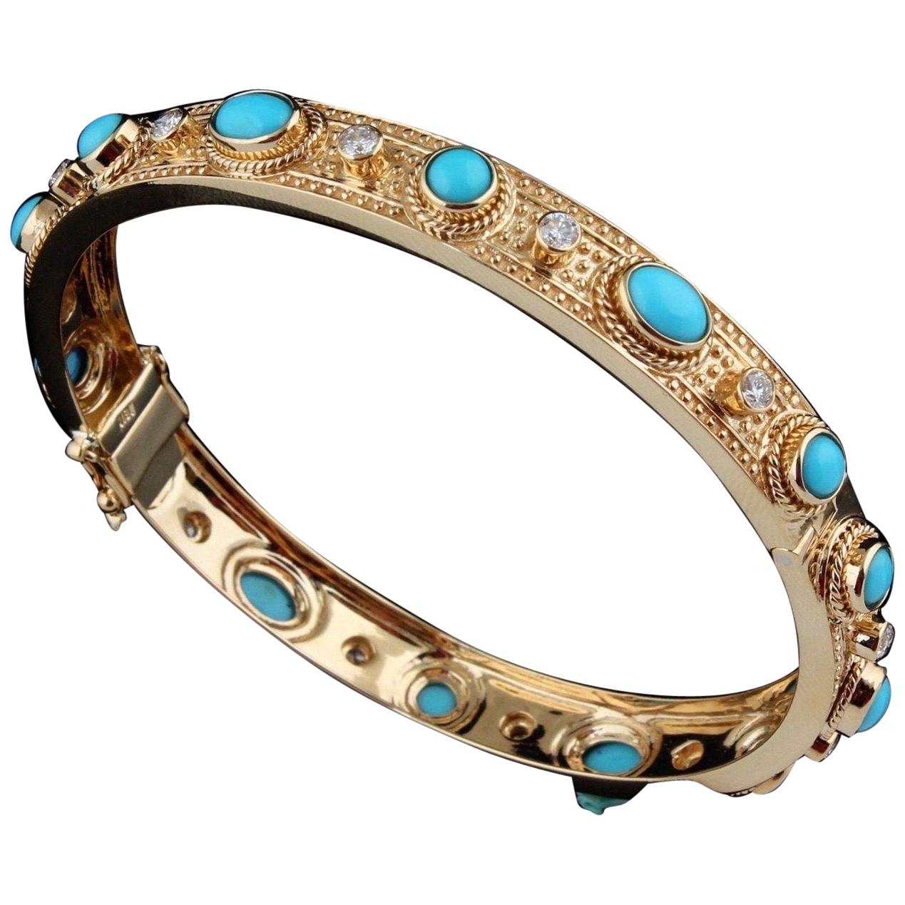 Bracelet jonc de style vintage en or 18 carats avec diamants et turquoise de 4,75 carats