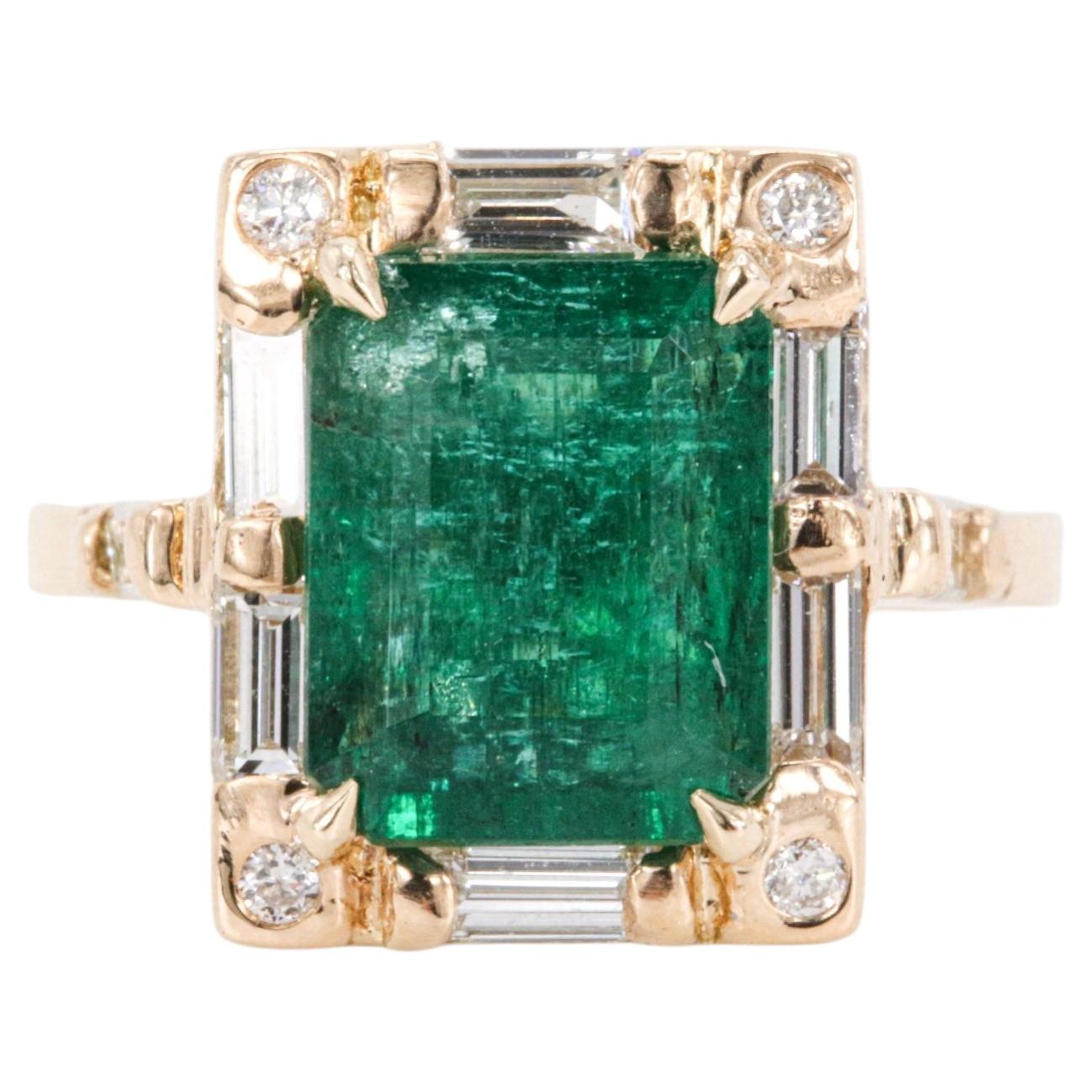 4.75 Carat Zambian Green Emerald And Diamond Ring In 14k Yellow Gold