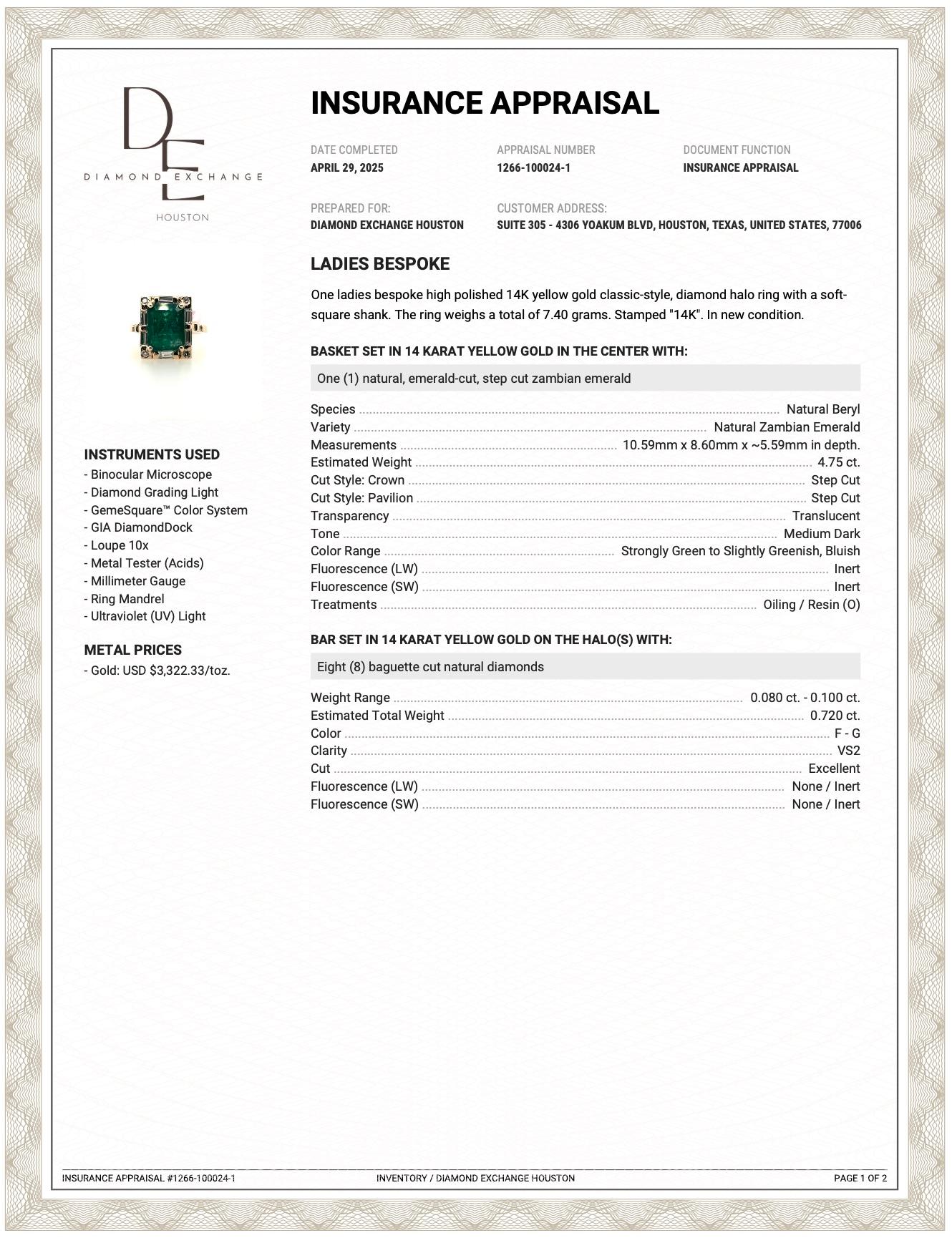 4,75 Karat sambischer grüner Smaragd und Diamantring aus 14 Karat Gelbgold im Angebot 4
