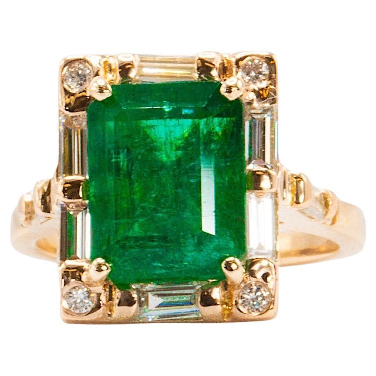 4.75 Carat Zambian Green Emerald And Diamond Ring In 14k Yellow Gold