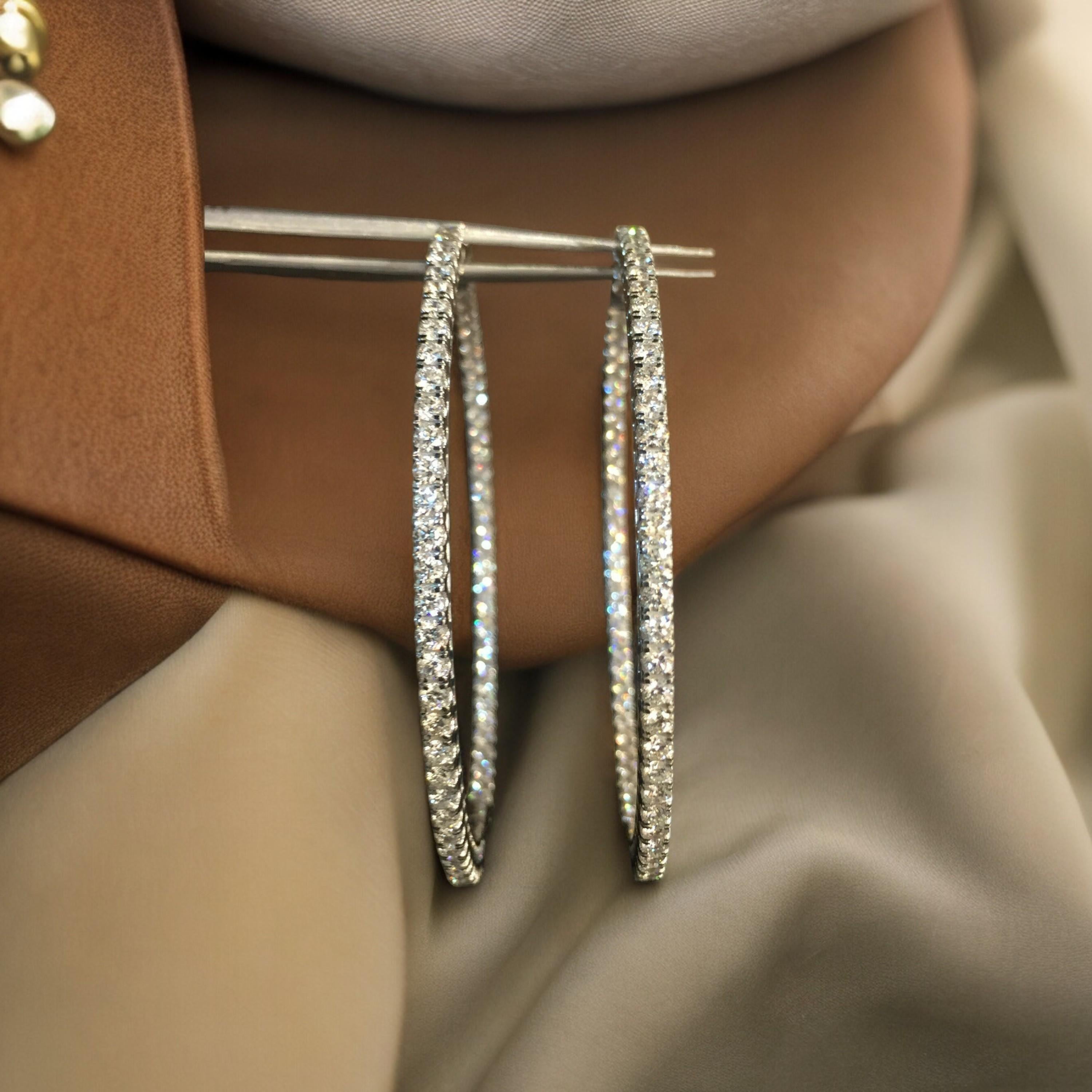 Contemporary 4.75 Cts Round Brilliant F/VS1 Inside-Out Diamonds Hoop Earrings 18K White Gold For Sale