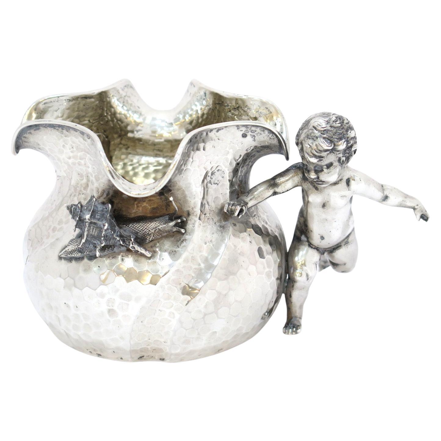 4.75" European Silver Antique Austrian Cherub Snail Pouch-Shaped Candy Nut Dish