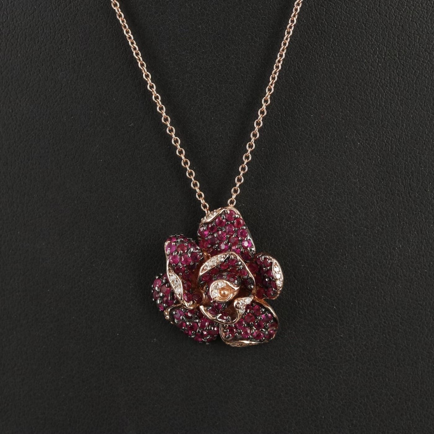 $4750 / New / EFFY 2.31 CT Ruby & Diamond Flower Earrings and necklace set/ 14K 1