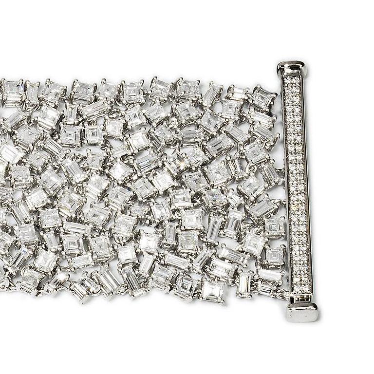 Baguette Cut 47.58 Carat Mixed Cut White Diamond White Gold Bracelet For Sale