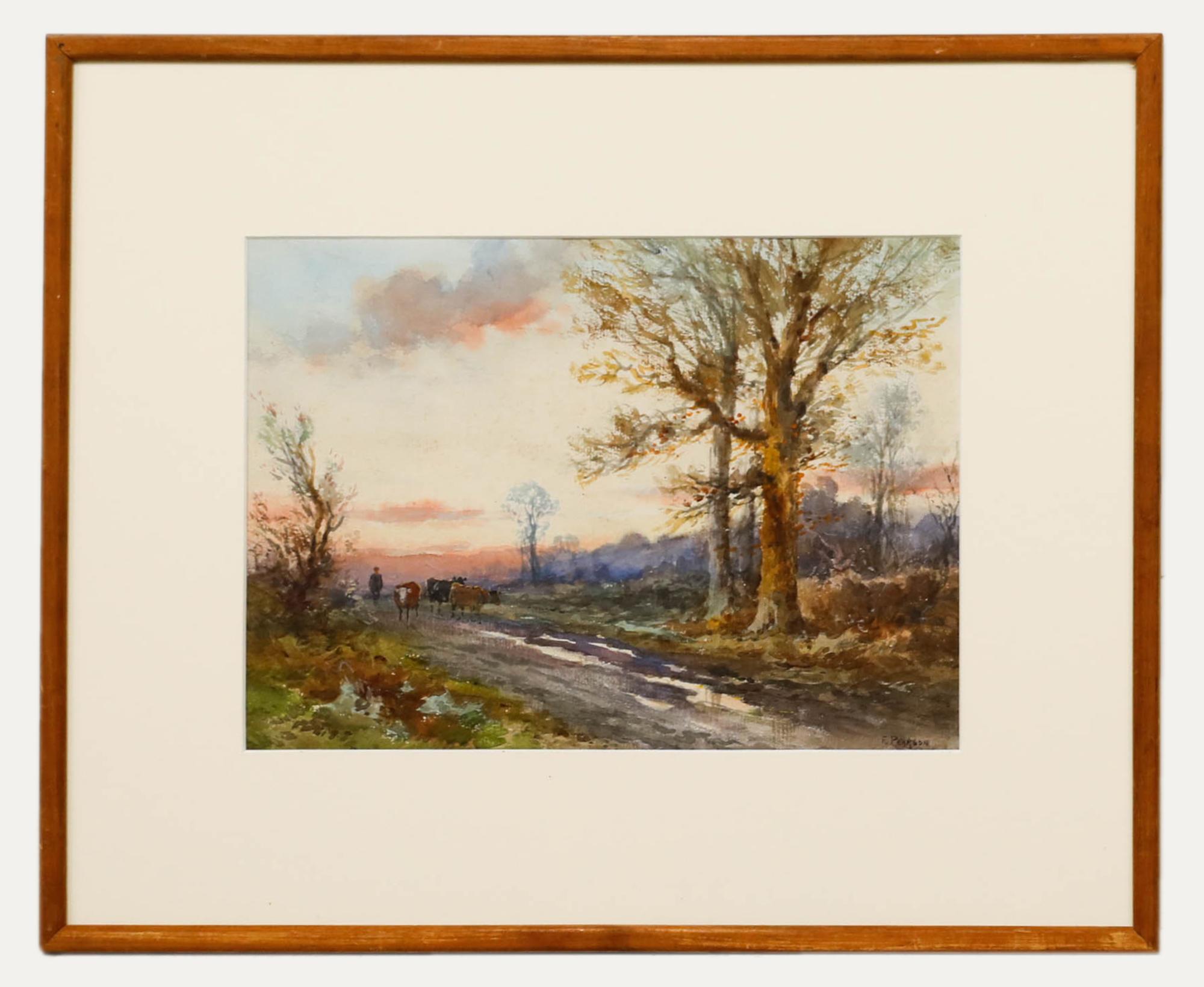 Fred Pearson- Aquarelle du début du 20e siècle, Bouvier et bétail sur un chemin de campagne