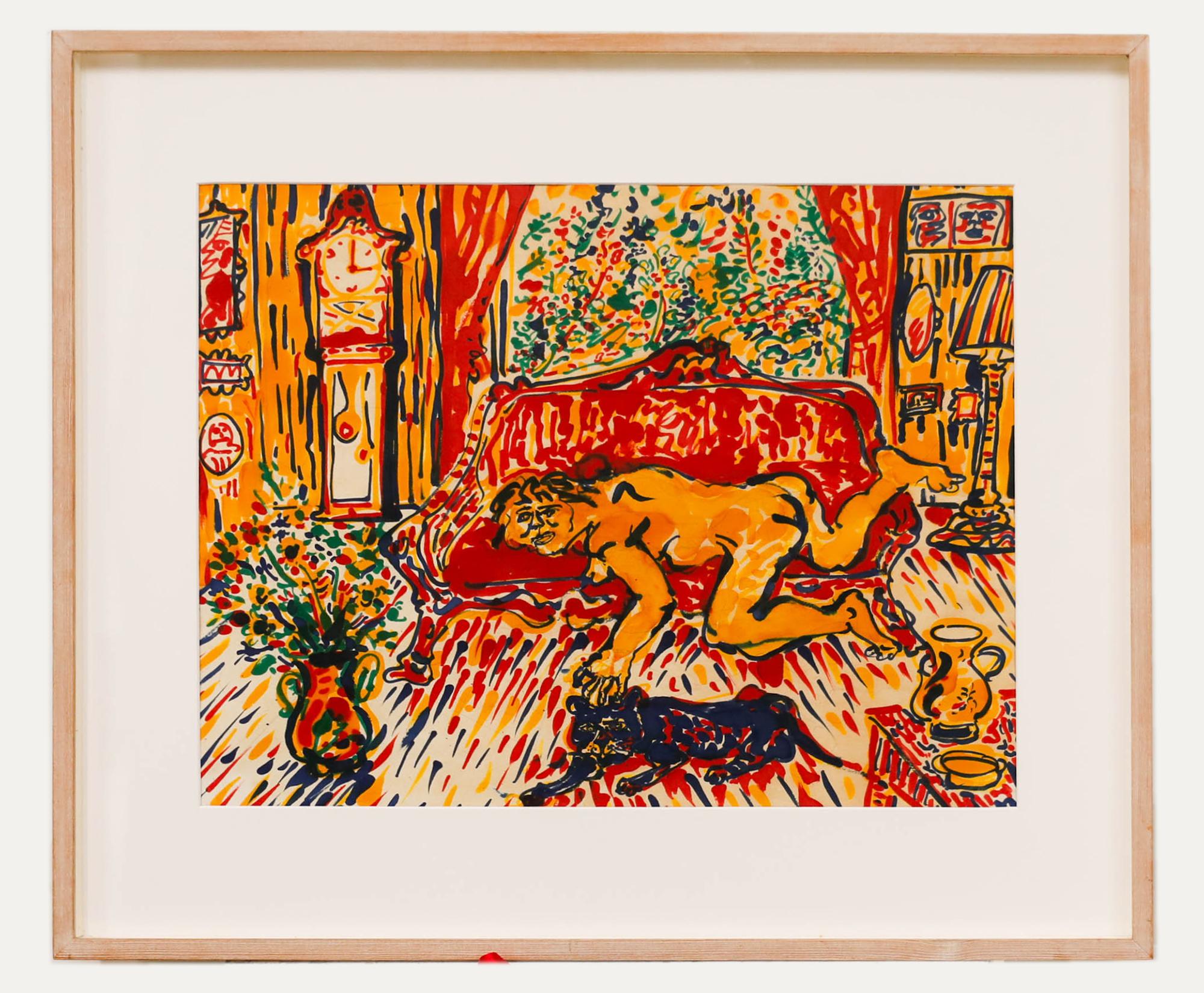 Un vivace studio a inchiostro che raffigura una figura nuda sdraiata su una chaise lounge con un gatto esotico in primo piano. Firmato sul retro all'interno della cornice "Chemeche '70". Presentato in una cornice di legno chiaro. Sulla carta.

