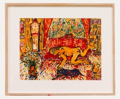 George Chemeche (b.1934)  - 1970 India Ink, Cat & Chaise Longue