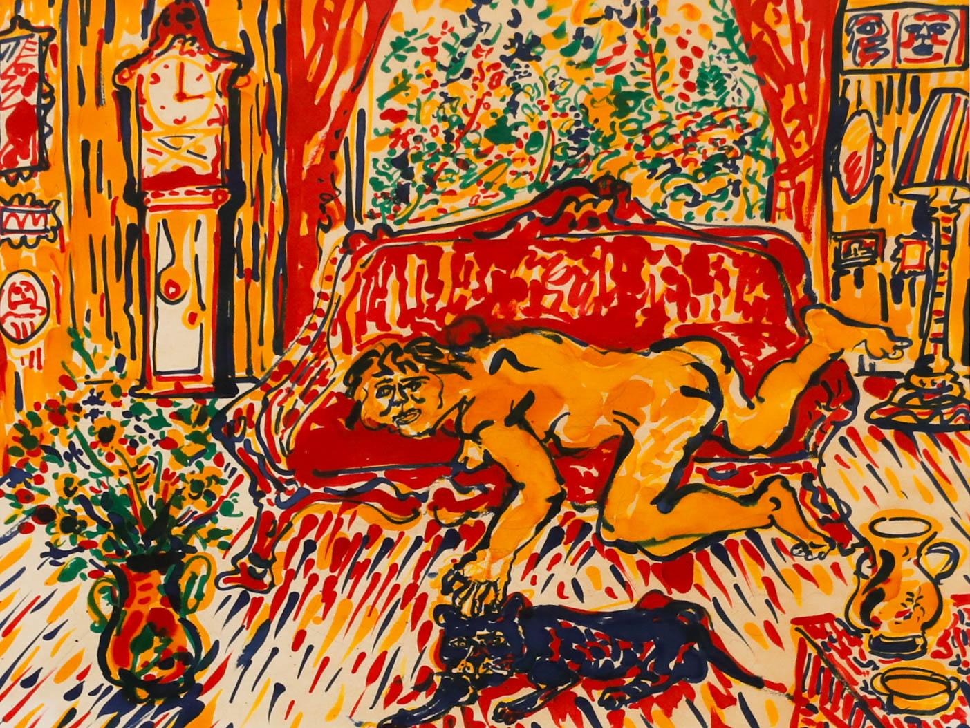George Chemeche (nato nel 1934)  - 1970 Inchiostro di china, Gatto e Chaise Longue in vendita 1