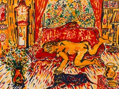 George Chemeche (b.1934)  - 1970 India Ink, Cat & Chaise Longue