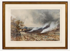 J. Laurence Hart - Aquarelle encadrée de la fin du 19e siècle, Brûlage de chaume