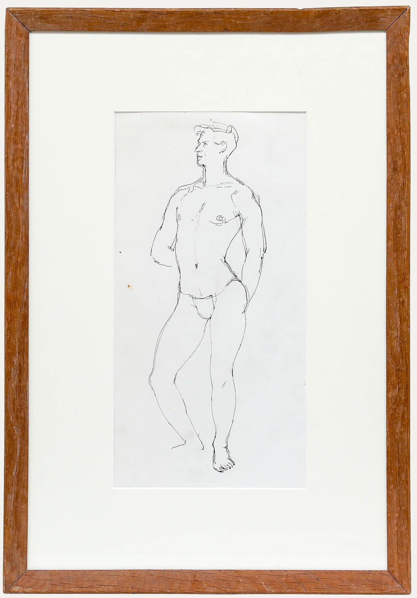 Nude de Unknown - Dibujo a pluma y tinta del siglo XX enmarcado - Estudio masculino de pie