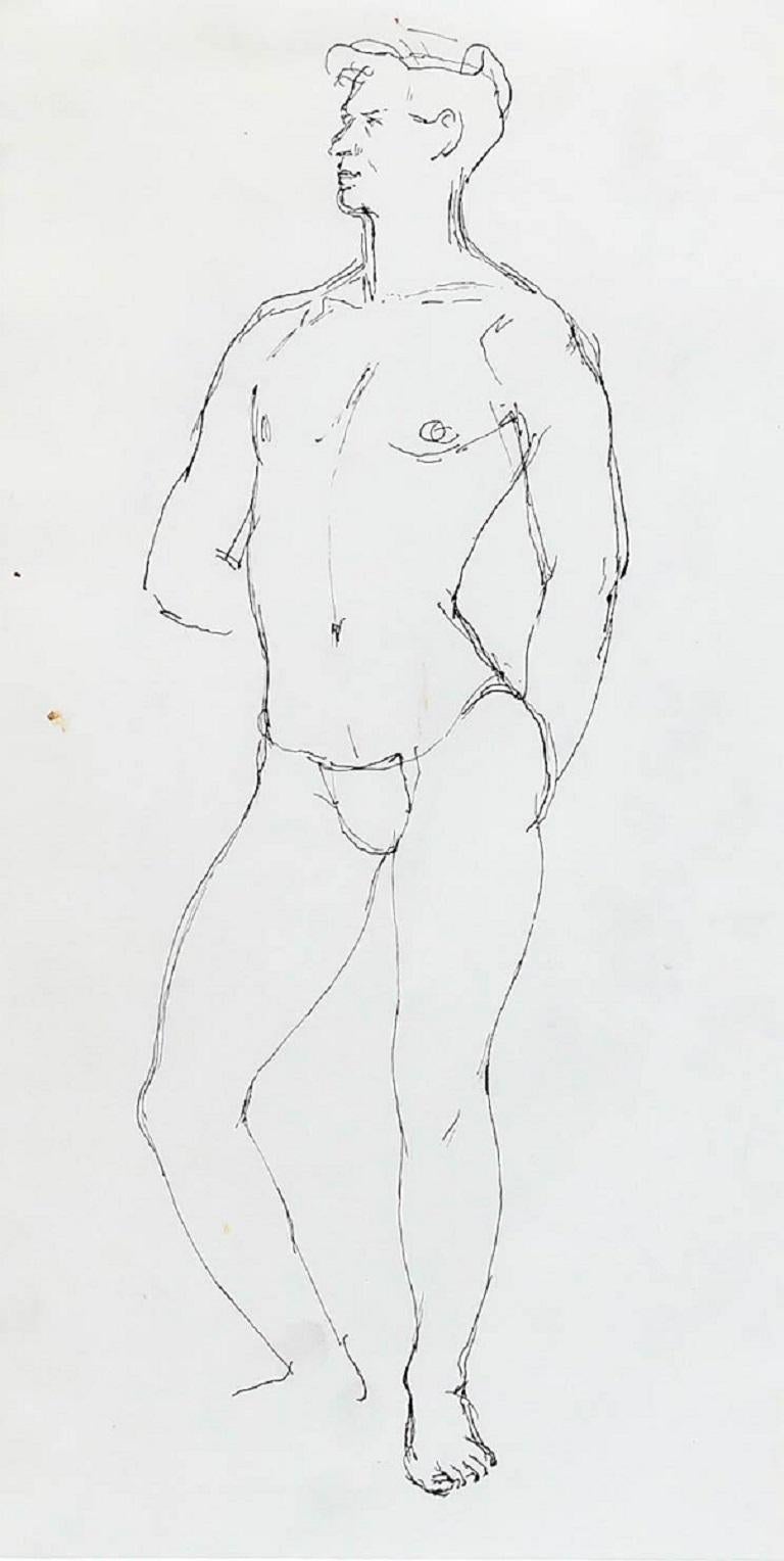 Dibujo a pluma y tinta del siglo XX enmarcado - Estudio masculino de pie - Art de Unknown