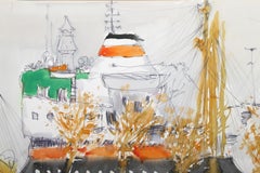 Wharf, Impressionist Watercolor on Paper by Emile Rampelberg