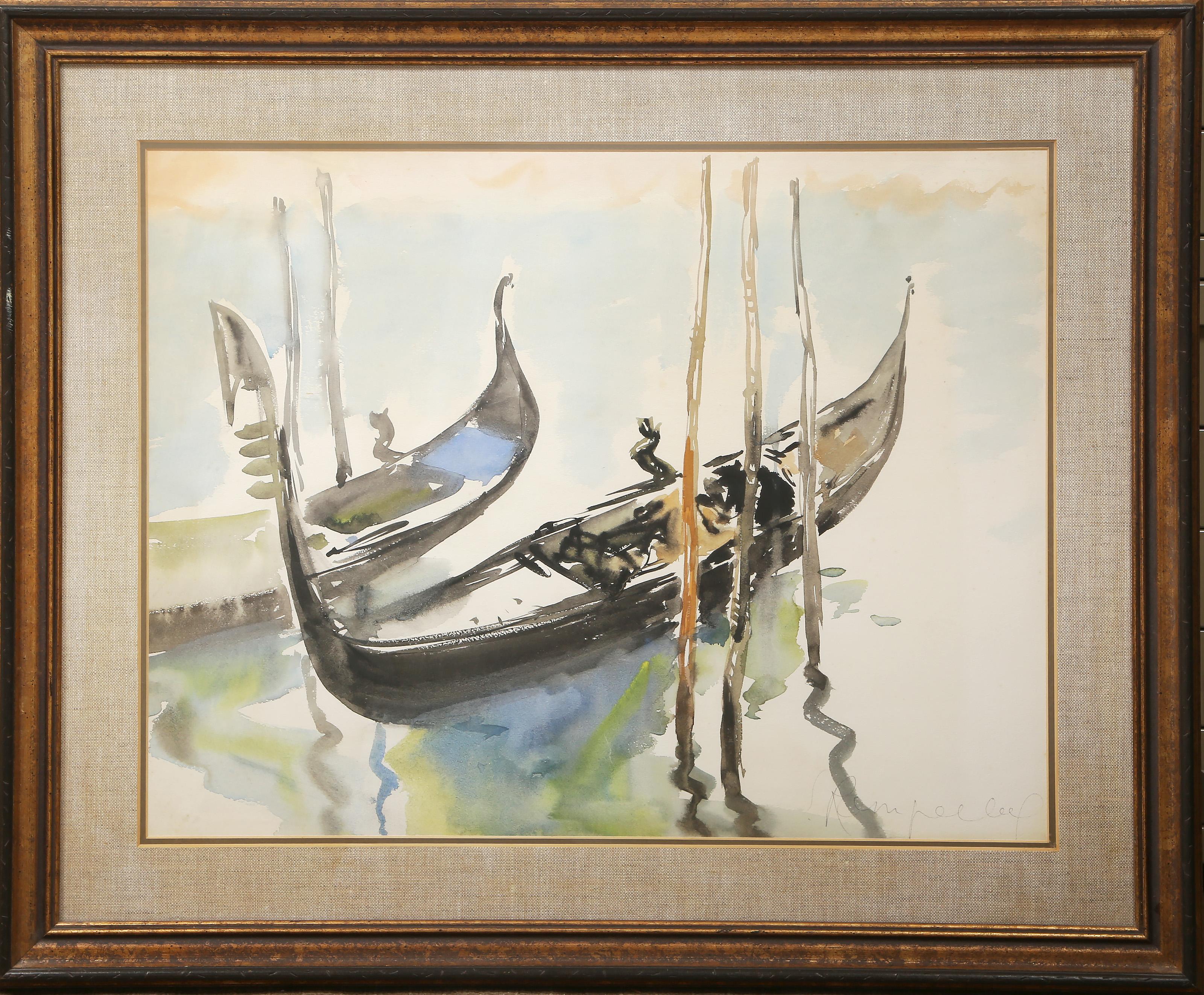 Landscape Art di Emile RAMPELBERG - Gondole attraccate, acquerello impressionista su carta di Emile Rampelberg