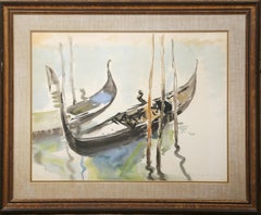 Docked Gondolas, Impressionist Watercolor on Paper by Emile Rampelberg