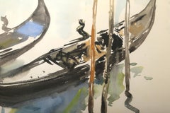 Docked Gondolas, Impressionist Watercolor on Paper by Emile Rampelberg