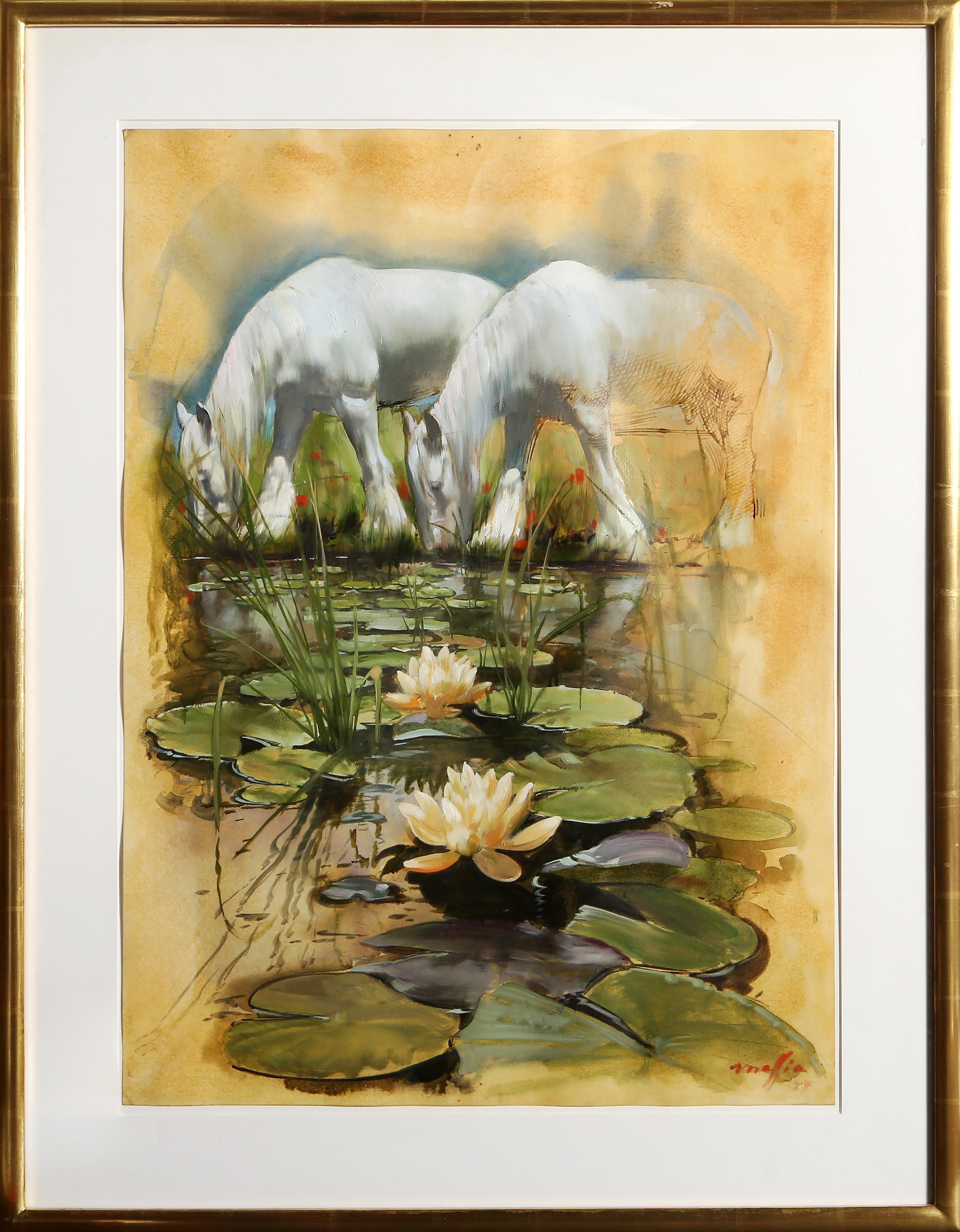 Daniel Maffia, francese (1937 - ) - Due cavalli bianchi, Anno:  1984, Medio:  Olio e acquerello su carta, firmato e datato in basso a destra, Dimensioni:  30 x 22 pollici (76,2 x 55,88 cm), Dimensioni della cornice:  37,75 x 29,5 pollici 