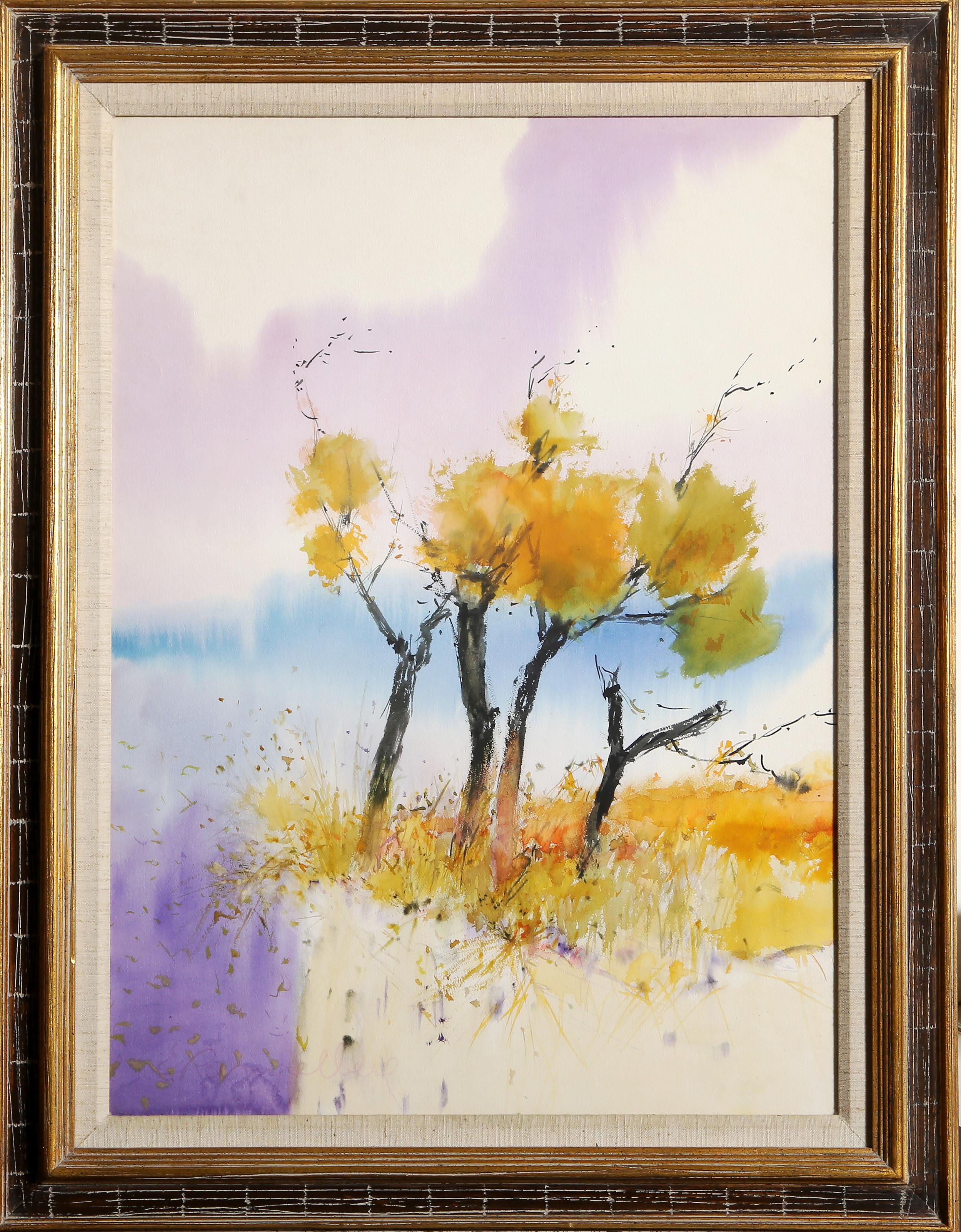Drei Bäume, modernes Aquarell auf Papier von Emile Rampelberg