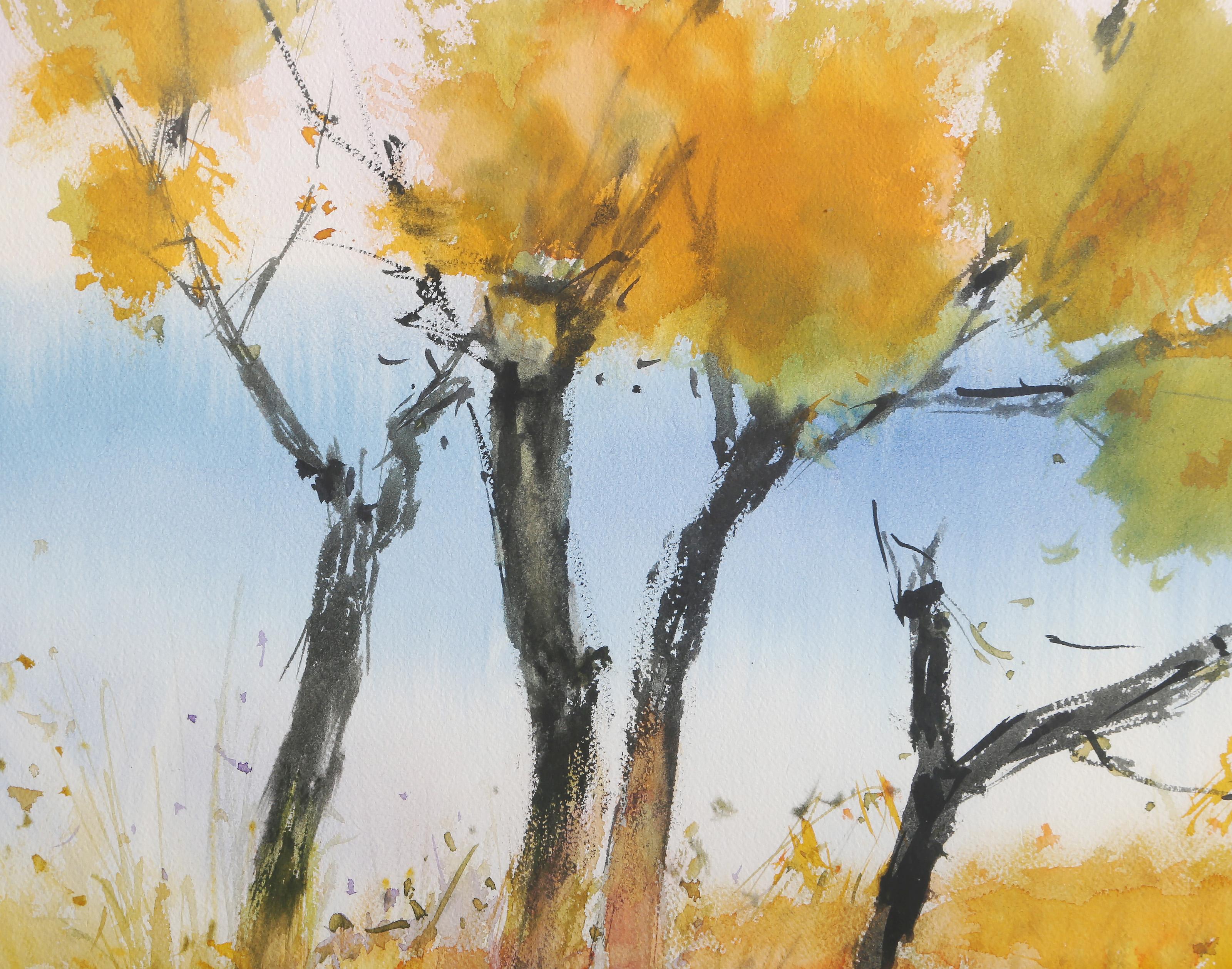 Three Trees, Modern Watercolor on Paper by Emile Rampelberg - Beige Landscape Art by Emile RAMPELBERG