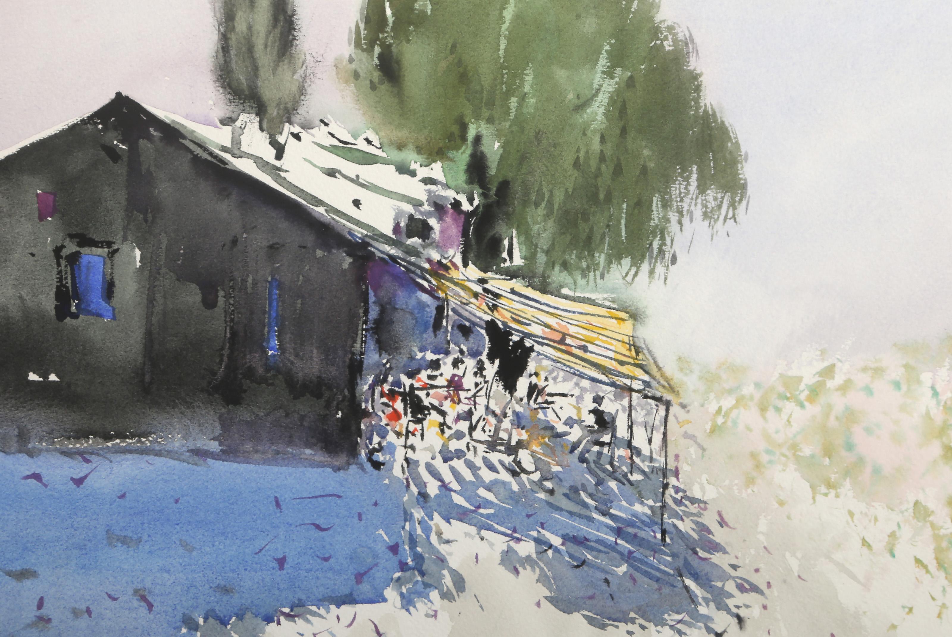 Fattoria, acquerello moderno su carta di Emile Rampelberg - Art Moderno di Emile RAMPELBERG