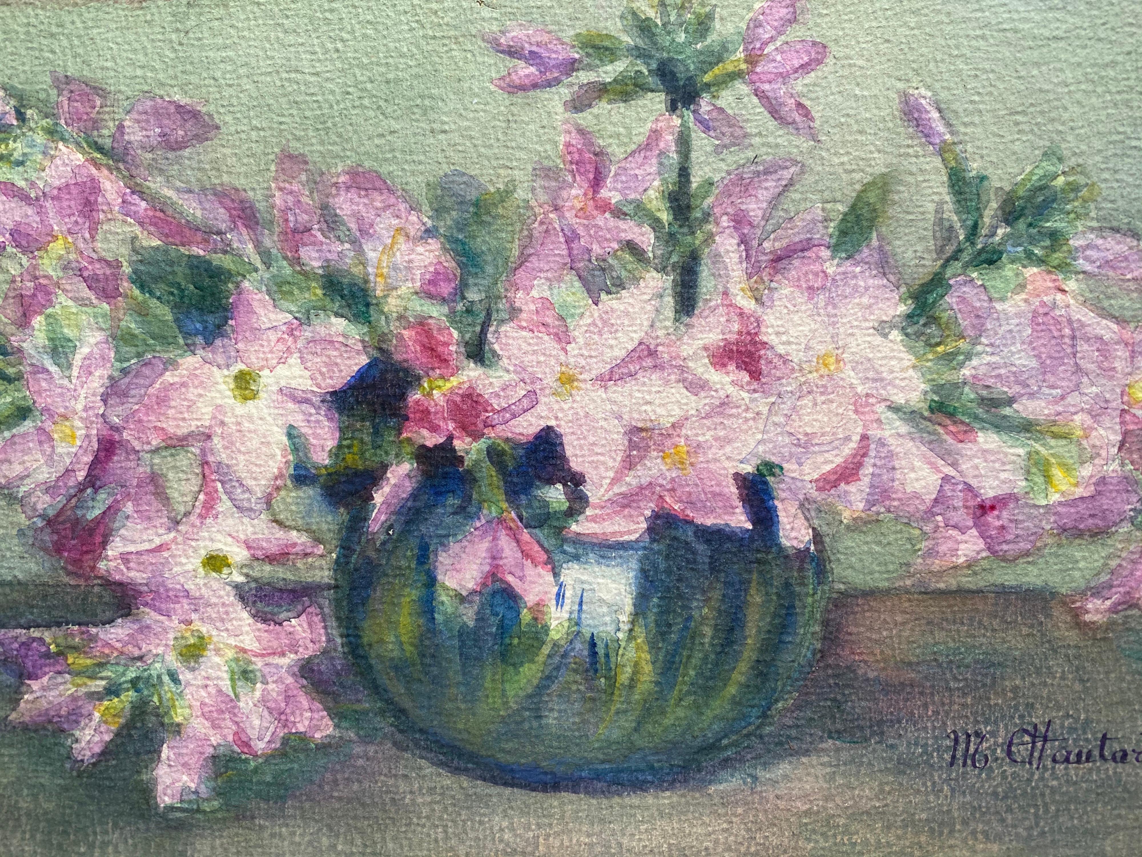 Early 1900's French Impressionist Signed Flower Watercolour by Marie Carreau - Gray Still-Life by Unknown