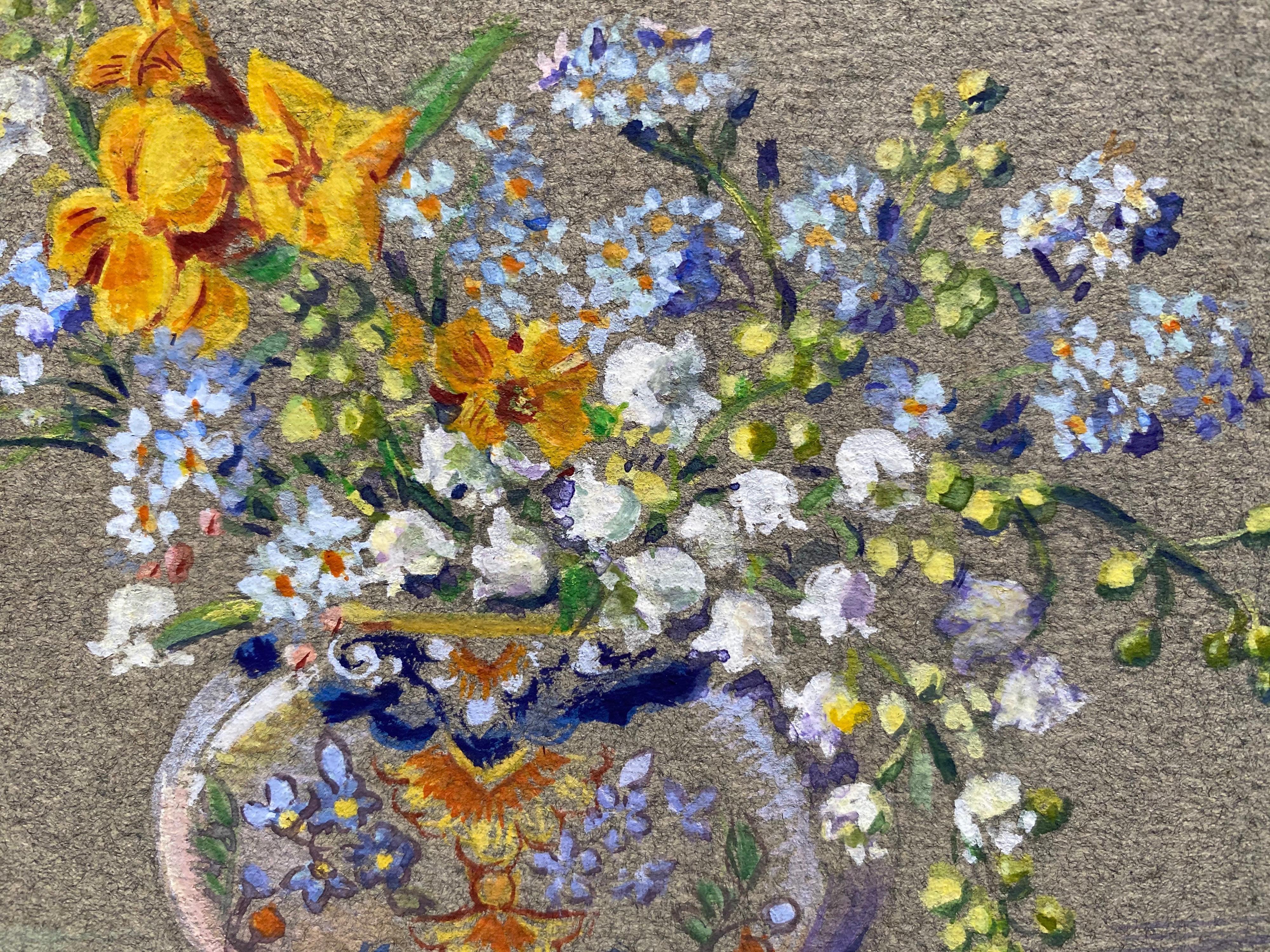 Early 1900's French Impressionist Signed Flower Watercolour by Marie Carreau - Gray Still-Life by Unknown