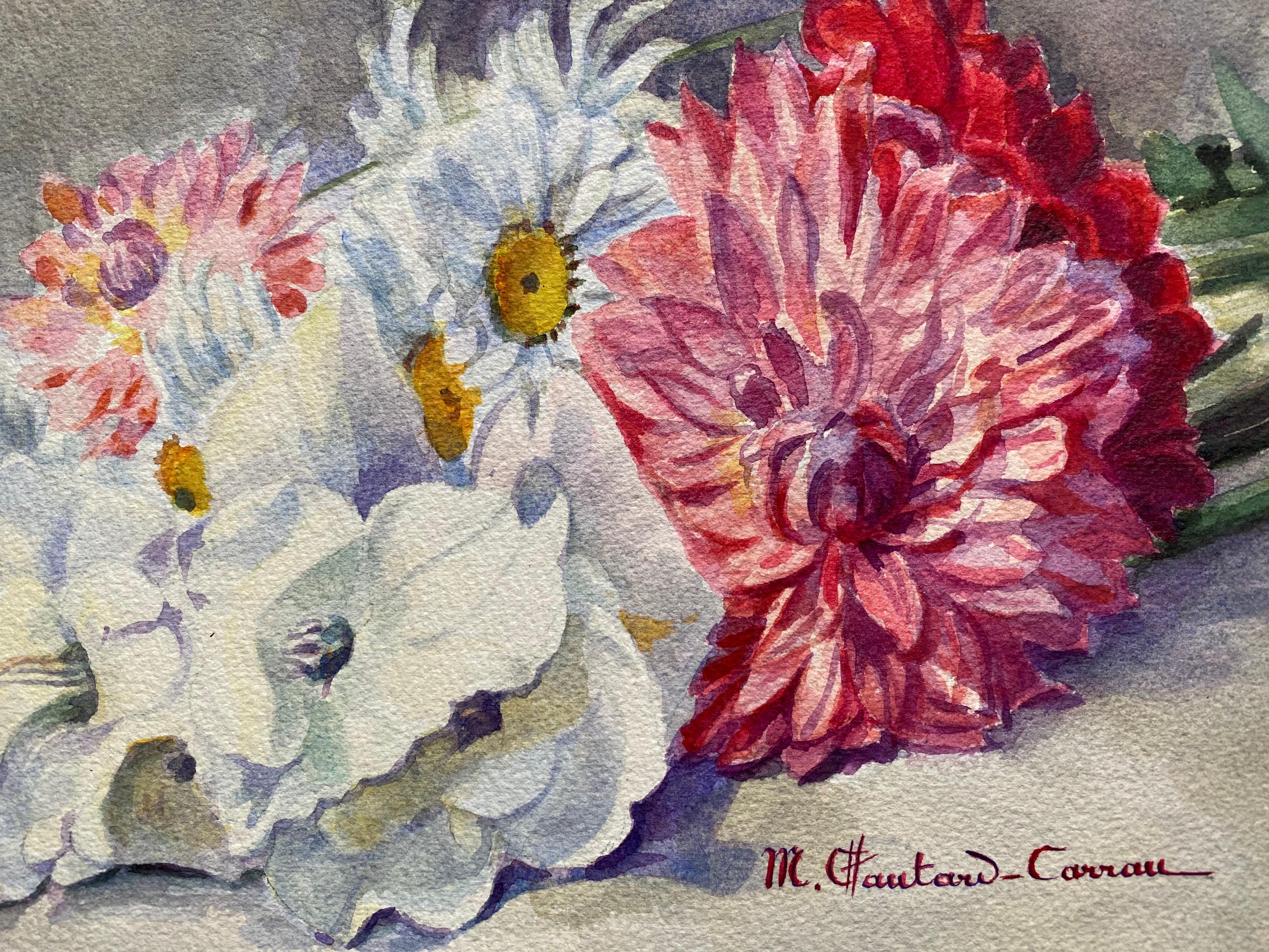 Early 1900's French Impressionist Signed Flower Watercolour by Marie Carreau - Gray Still-Life by Unknown