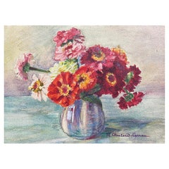 Early 1900's French Impressionist Signed Flower Watercolour by Marie Carreau