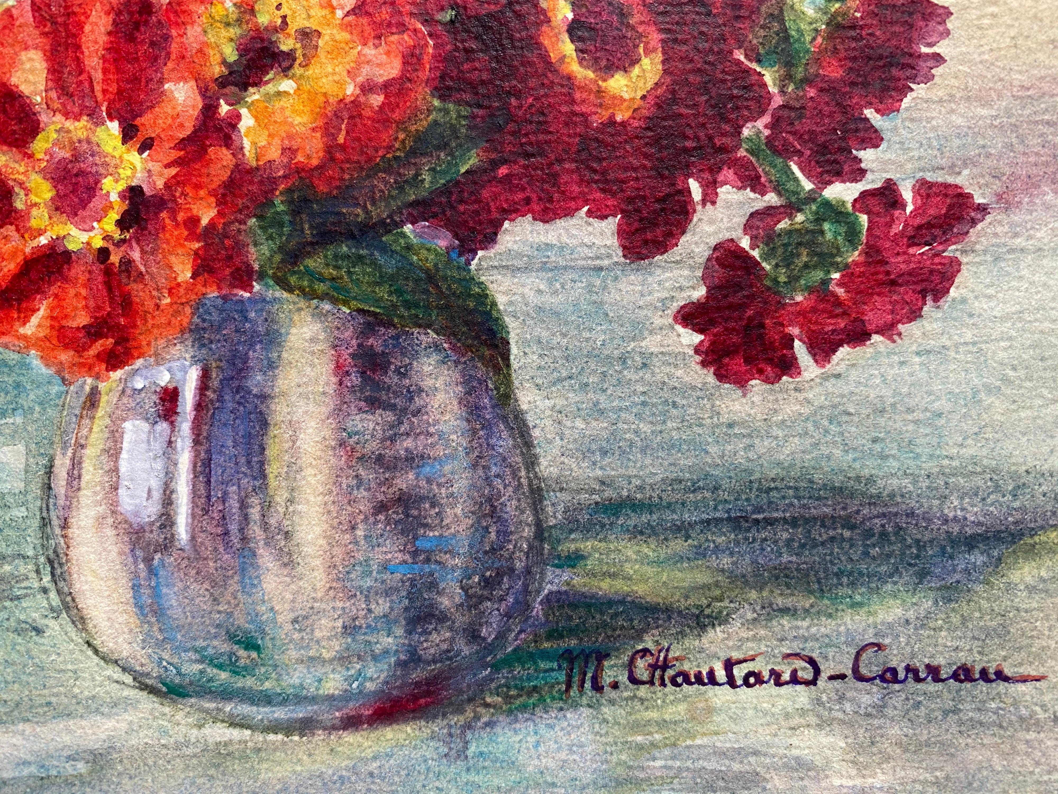 Early 1900's French Impressionist Signed Flower Watercolour by Marie Carreau - Gray Still-Life by Unknown