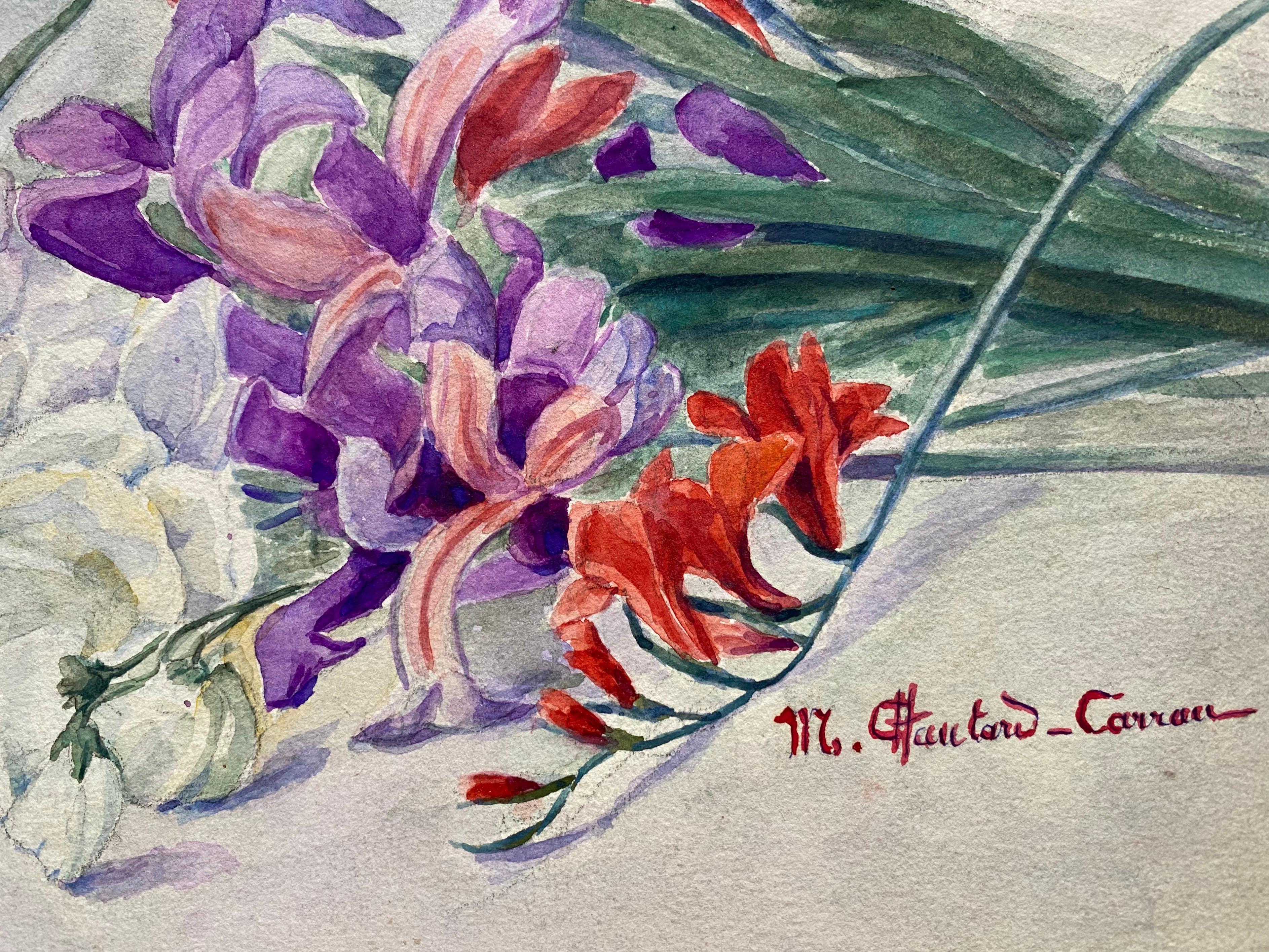 Early 1900's French Impressionist Signed Flower Watercolour by Marie Carreau - Gray Still-Life by Unknown