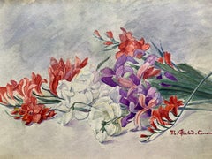 Early 1900's French Impressionist Signed Flower Watercolour by Marie Carreau