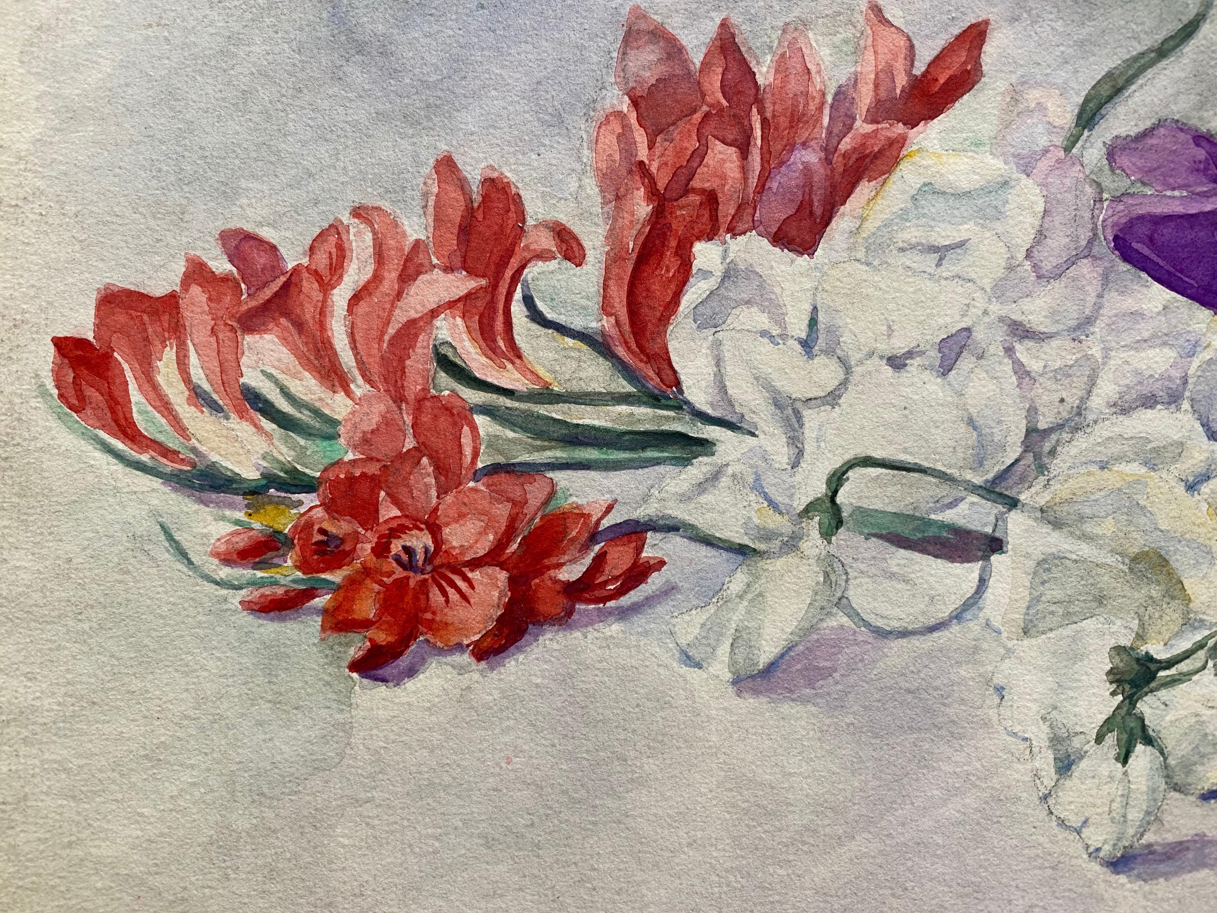 Early 1900's French Impressionist Signed Flower Watercolour by Marie Carreau For Sale 1