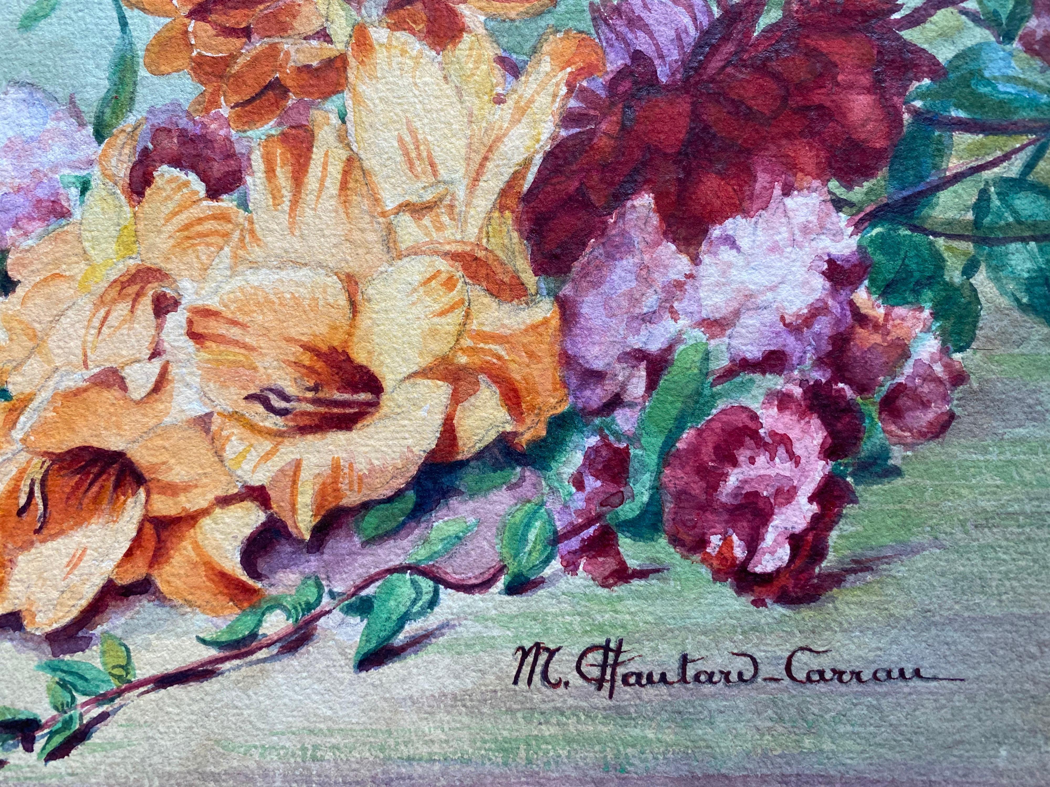Early 1900's French Impressionist Signed Flower Watercolour by Marie Carreau - Beige Still-Life by Unknown