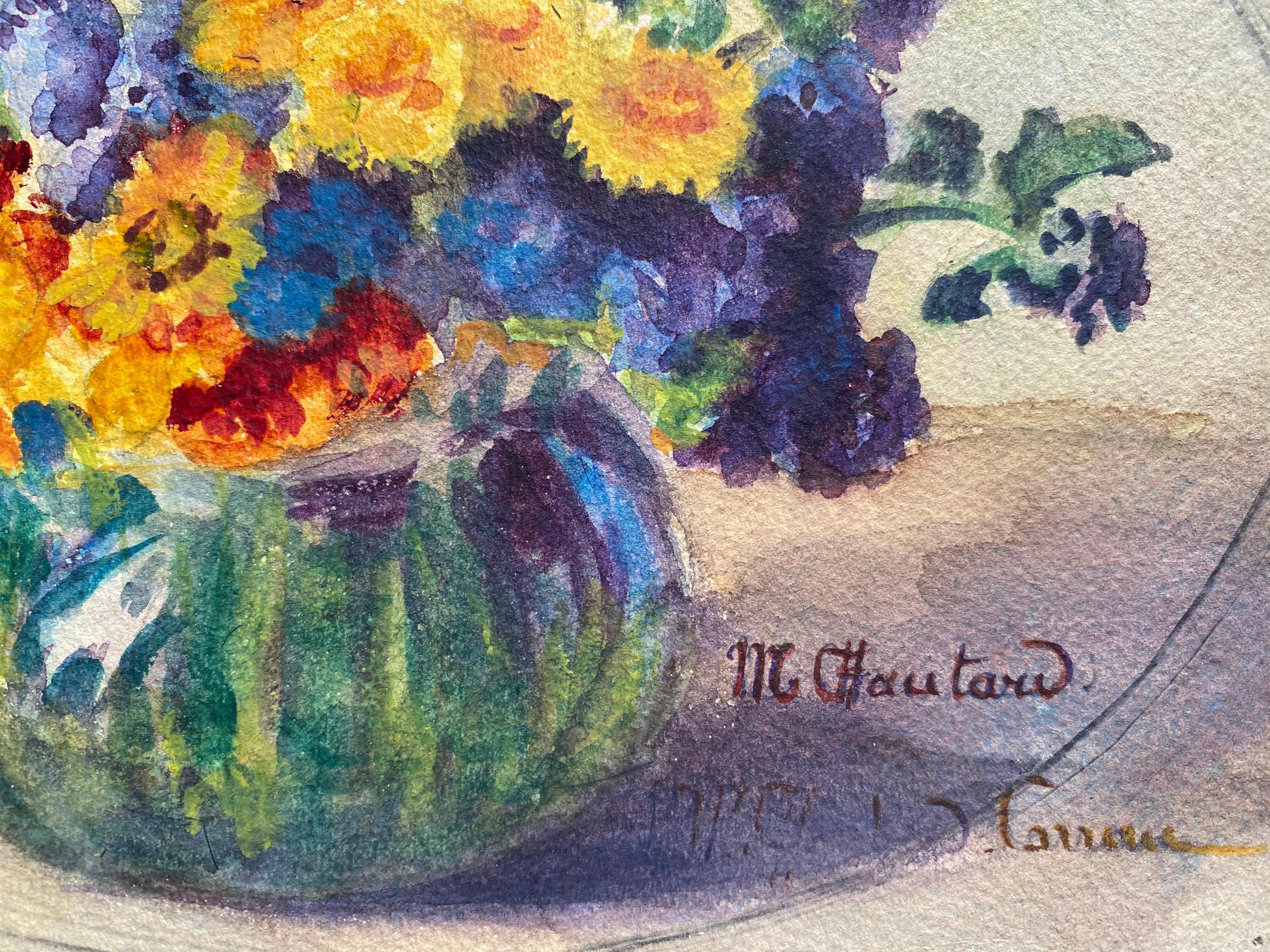 Early 1900's French Impressionist Signed Flower Watercolour by Marie Carreau - Brown Still-Life by Unknown