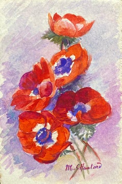 Early 1900's French Impressionist Signed Flower Watercolour by Marie Carreau