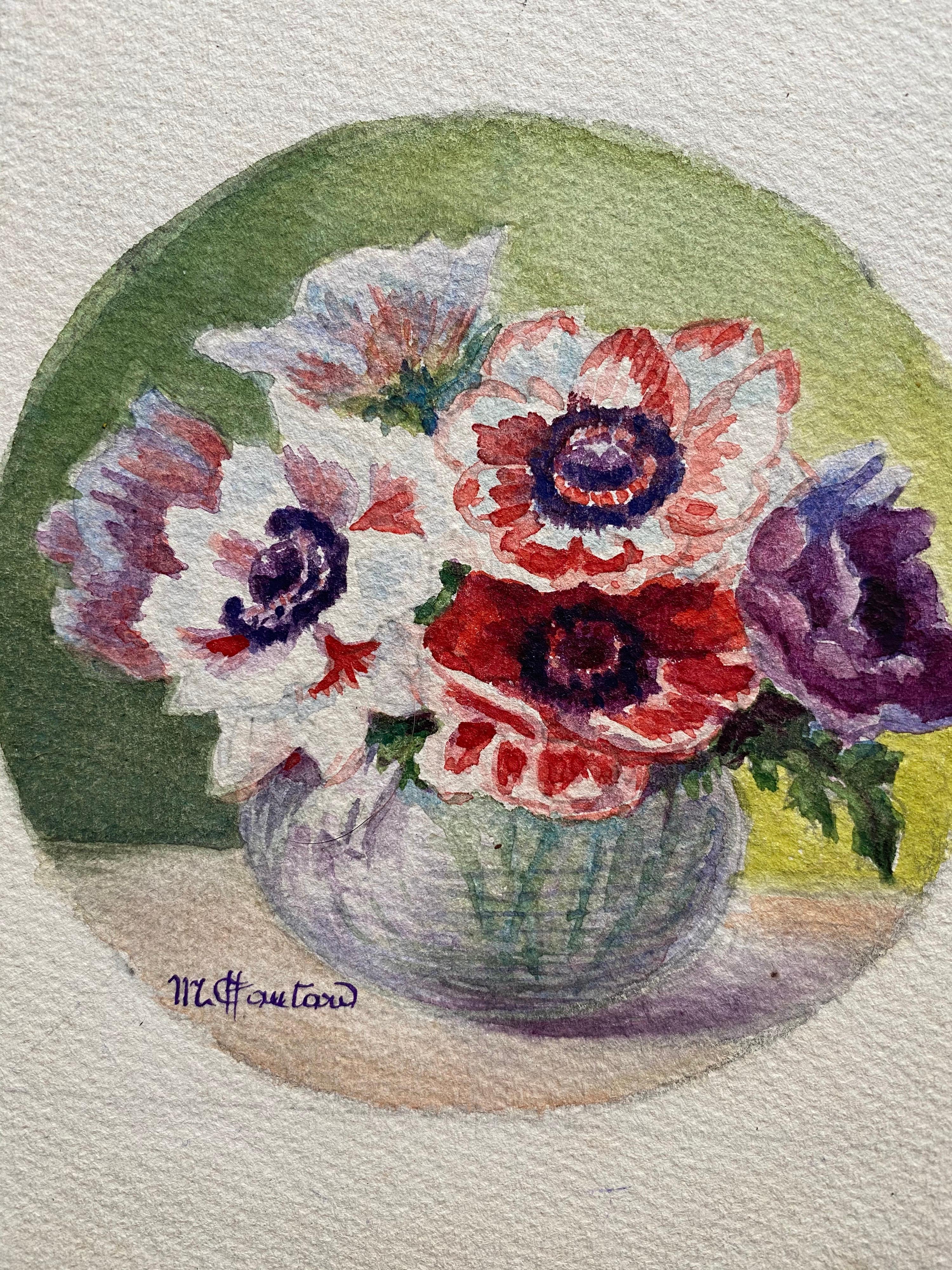 Early 1900's French Impressionist Signed Flower Watercolours Marie Carreau - Art by Unknown