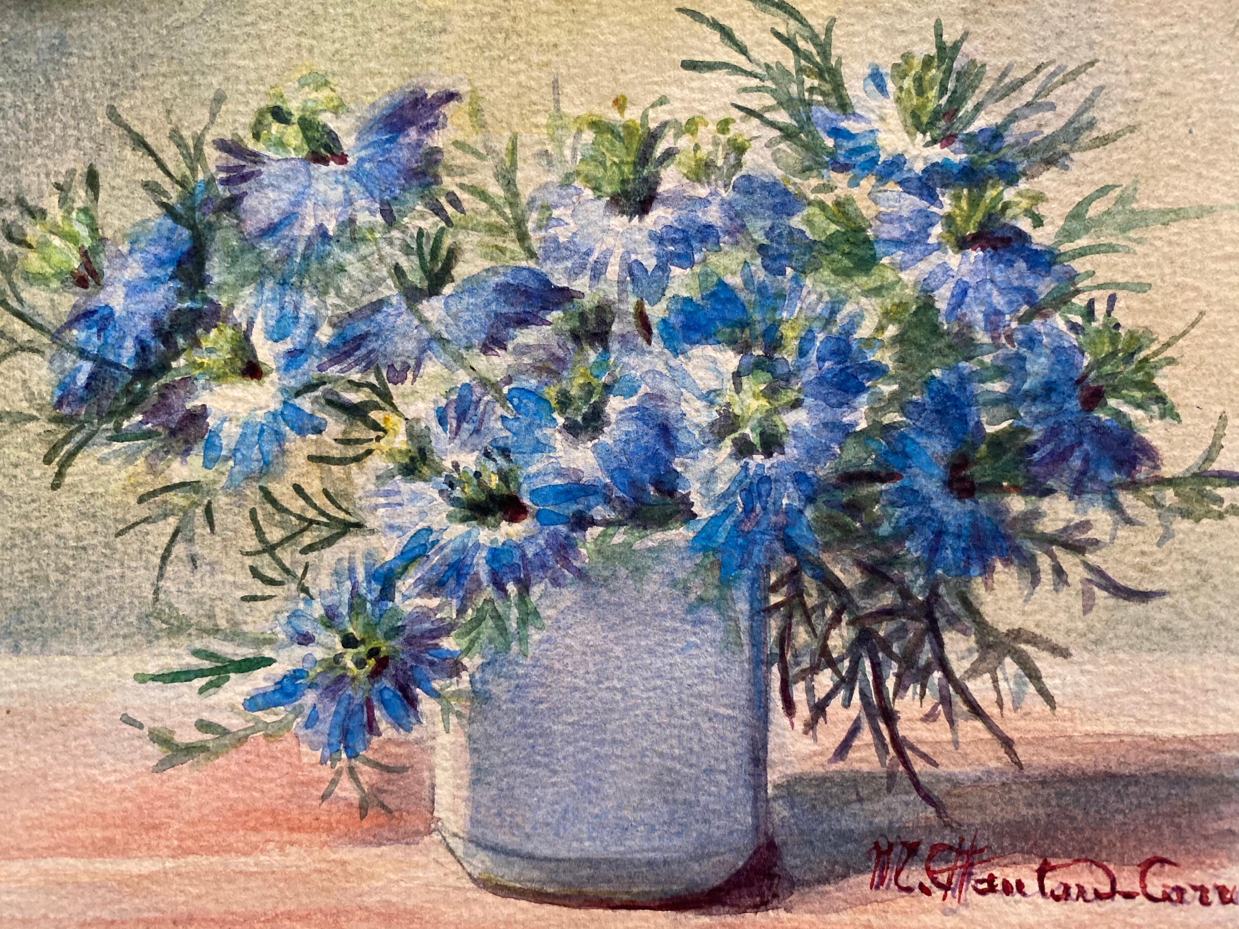 Early 1900's French Impressionist Signed Flower Watercolours Marie Carreau - Brown Still-Life by Unknown